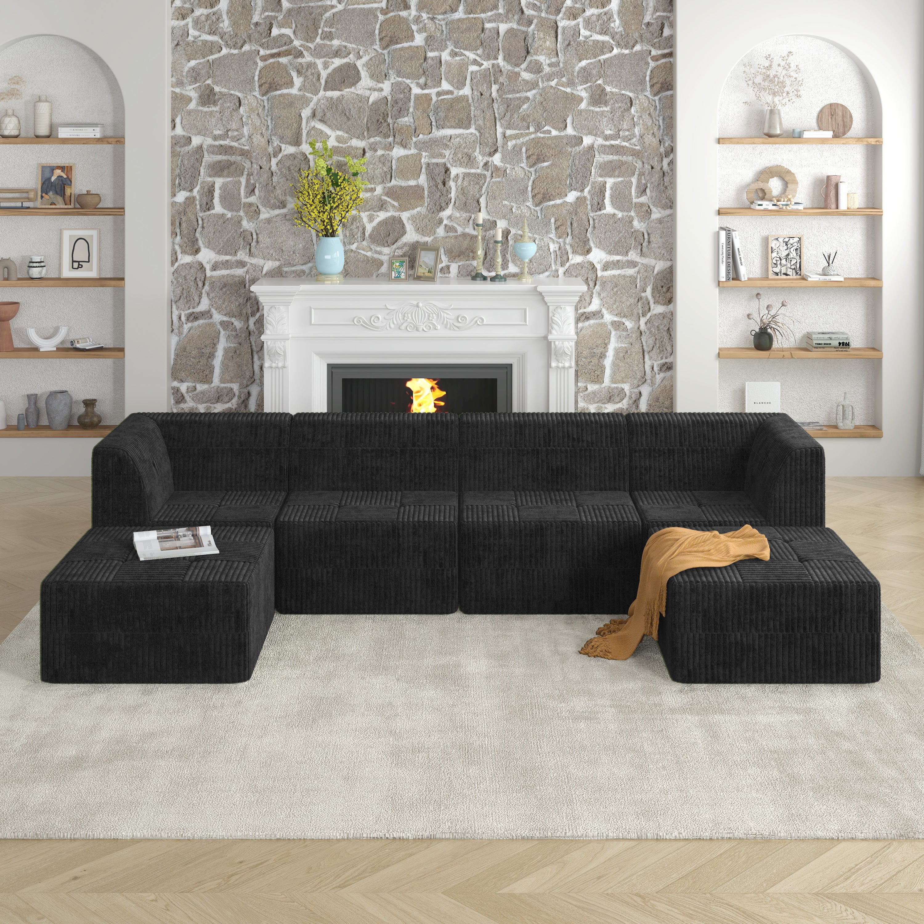 U shape Modular Sectional Sofa, Compressed Sectional Sofa Modern Minimalist Style Corduroy Couch, Sleeper Sofa for Living Room, Bedroom, Comfy Compressed Sofa Couch Space-Efficient Design-black