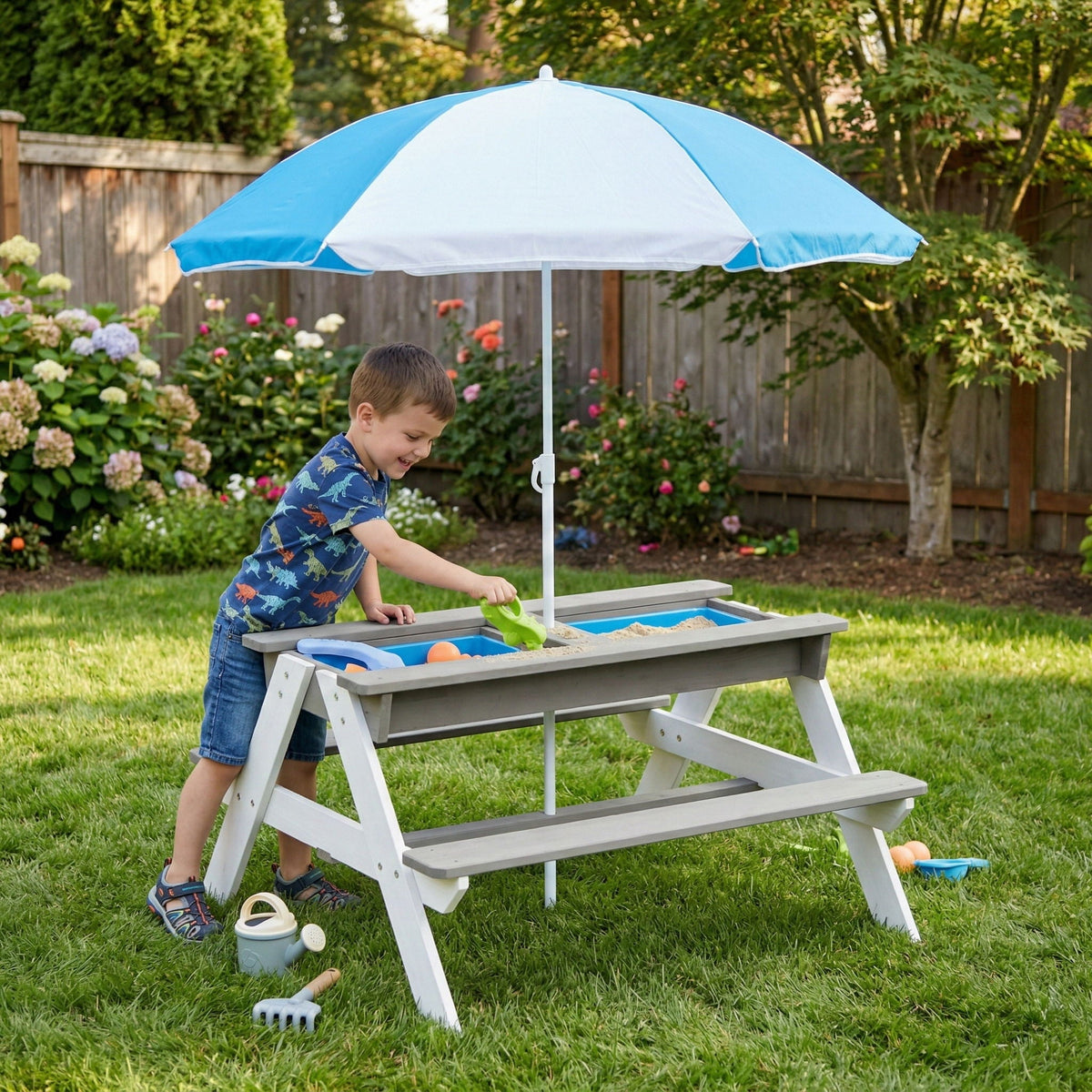 3-In-1 Kids Outdoor Wooden Picnic Table With Umbrella, Convertible Sand & Water, ASTM & CPSIA Certification