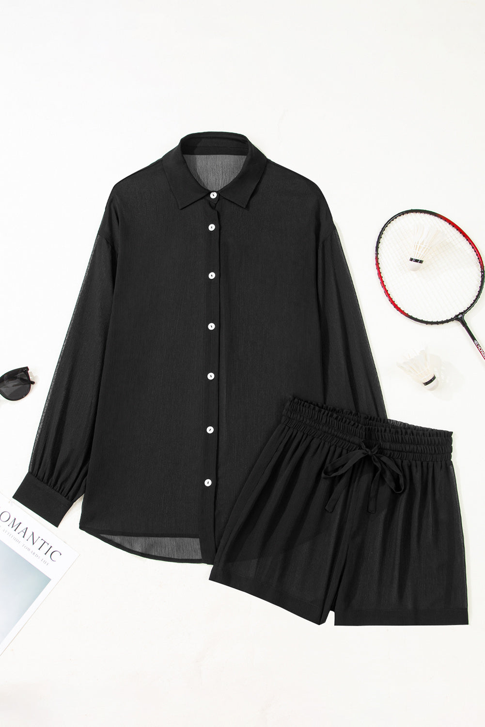 Sheer Tunic Shirt & Drawstring Shorts Cover-Up