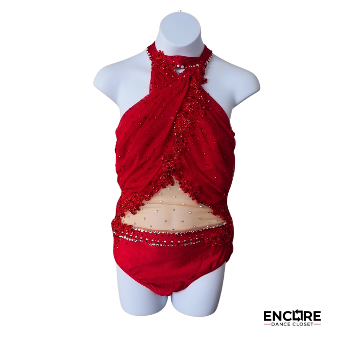 Radiant Red Rhinestoned Mesh Leotard