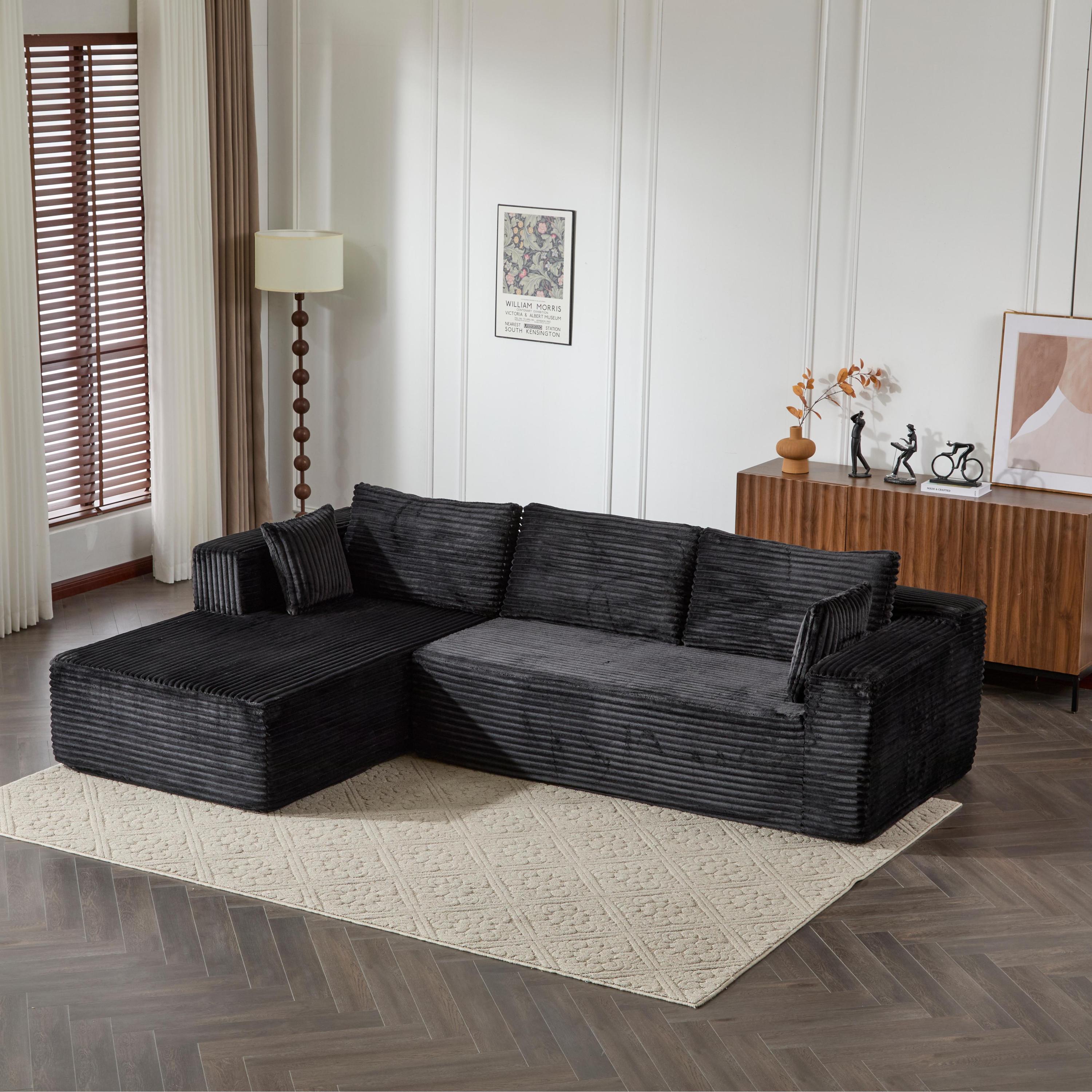 Compression Sectional Couch with Comfy Chaise, Boneless L Shape Sofa with Deep Seat, Minimalist Modular Couches Sleeper for Living Room Bedroom Apartment Lounge,corduroy,Black