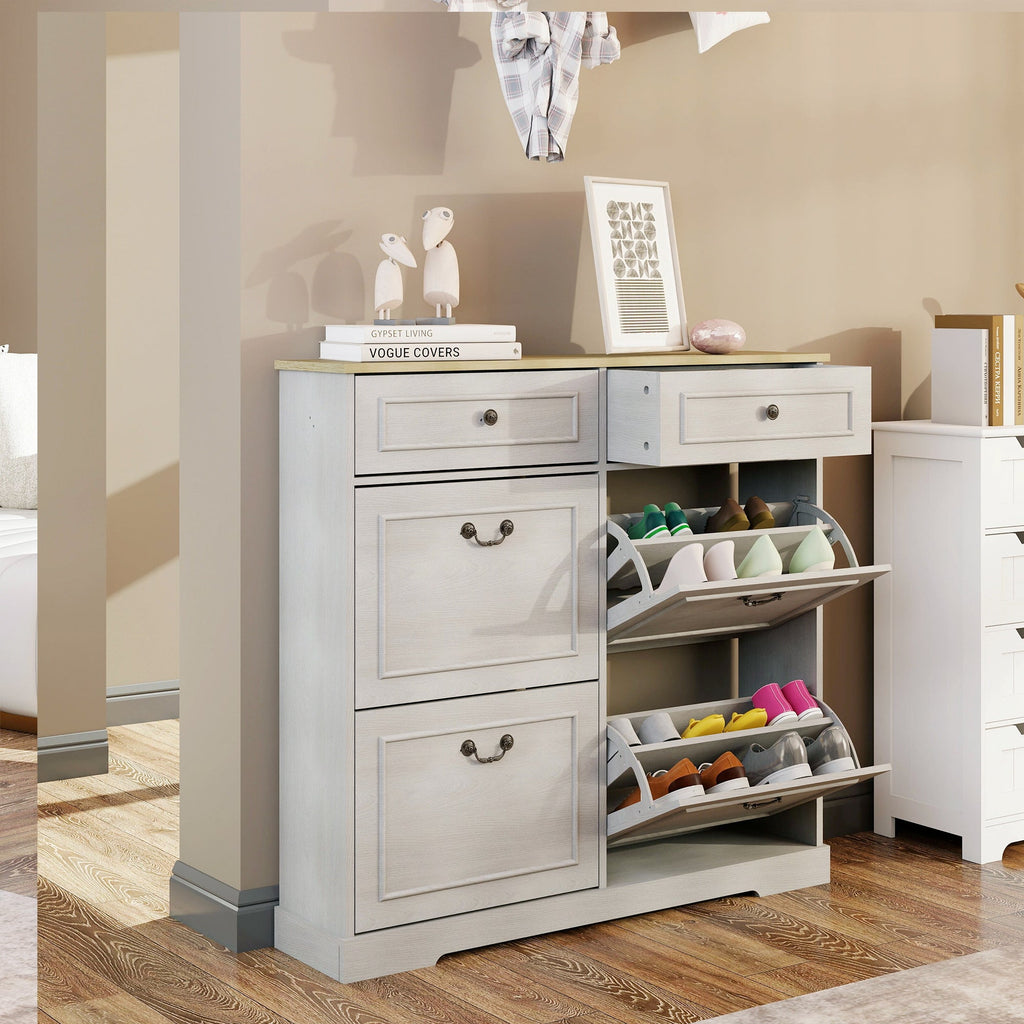 Shoe Storage Cabinet with 2 Drawers, 4 Flip Drawers, Freestanding Shoe Cabinet Organizer with Adjustable Shelf, Shoe Cabinet for Entryway, Foyer, Slim Shoe Cabinet-Antique White