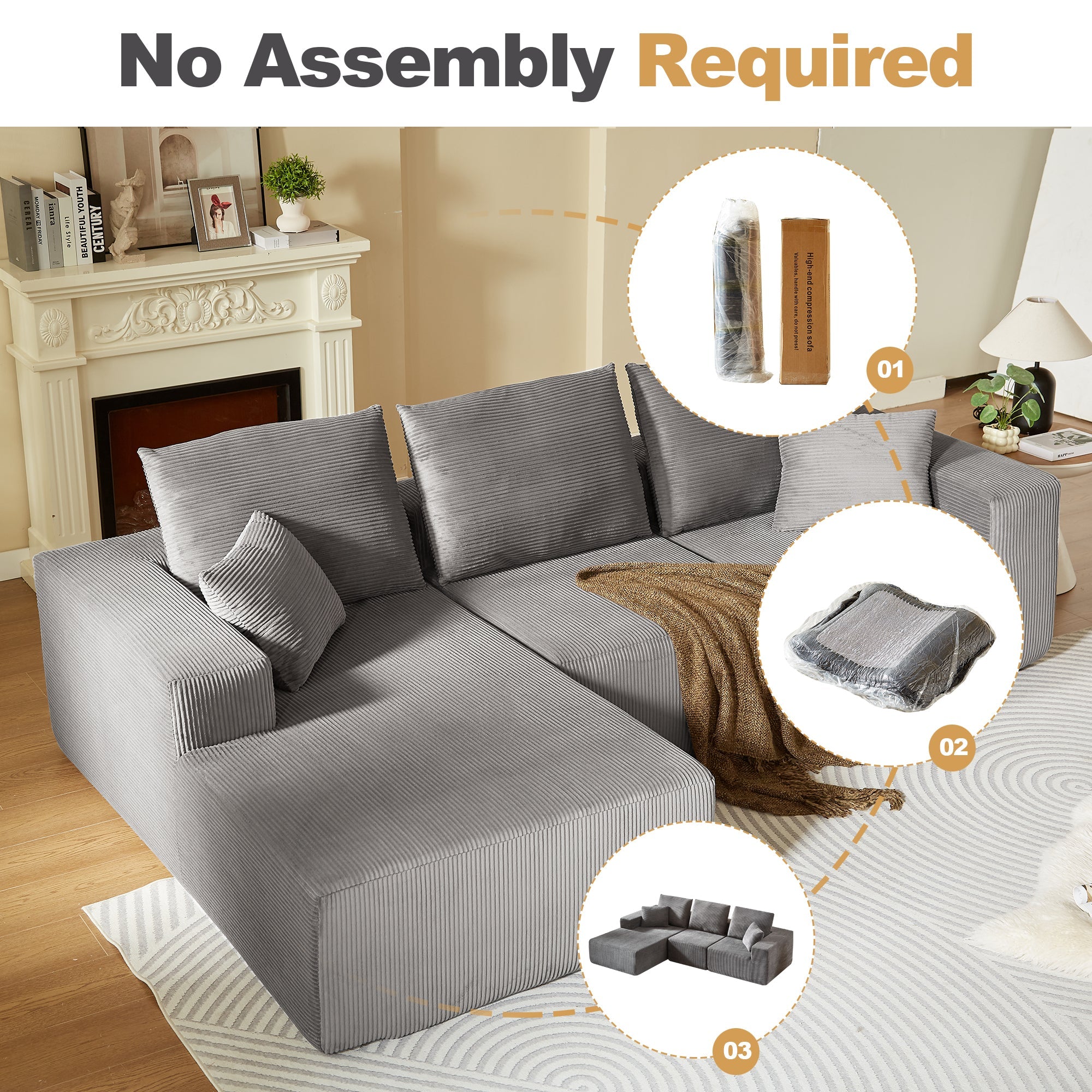 Modular Sectional Sofa with Chaise, Modern L Shaped Cloud Couch with Deep Seat, Sectional Couches for Living Room, Bedroom, Office, No Assembly Required