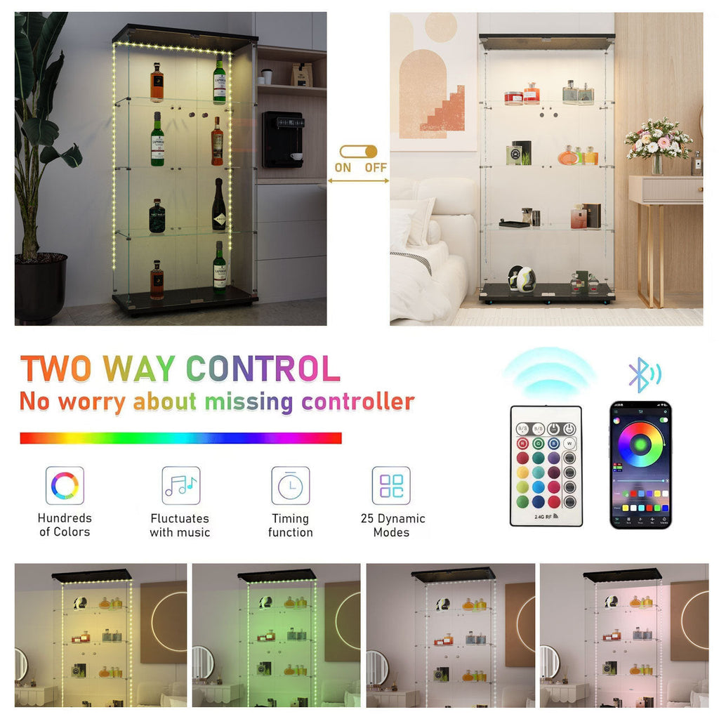 Tempered glass display cabinet, wine cabinet,storage cabinet,file cabinet,with Bluetooth LED light strip,lock on the door,equipped with cast,easy to move,for living room, bedroom,hallway,Office,black