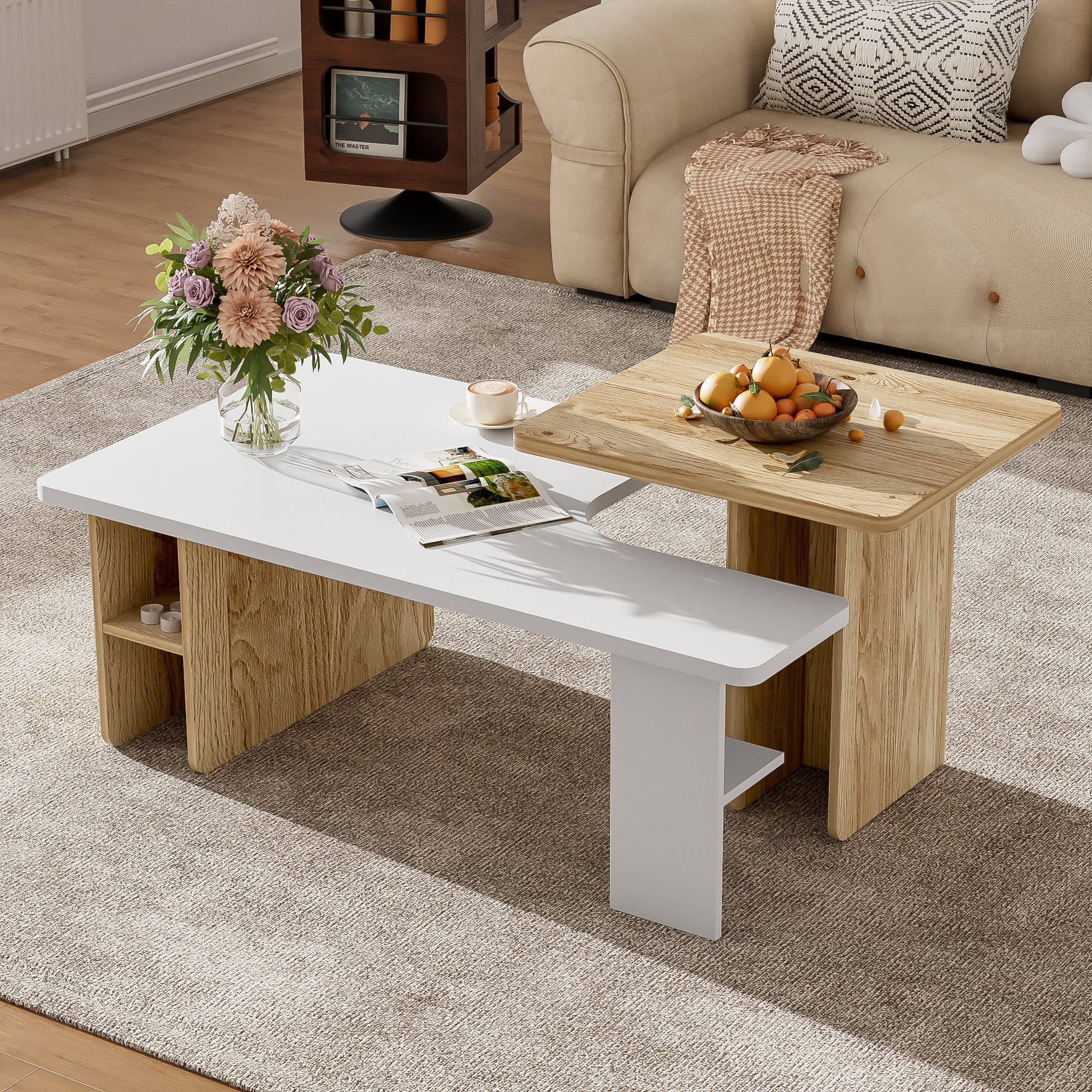 U-Can Set of 2 Nesting Coffee Tables Farmhouse,Rectangle Coffee Table Living Room,Wood Finish Coffee Table Set, Small Coffee Tables, Sofa Side Table for Living Room