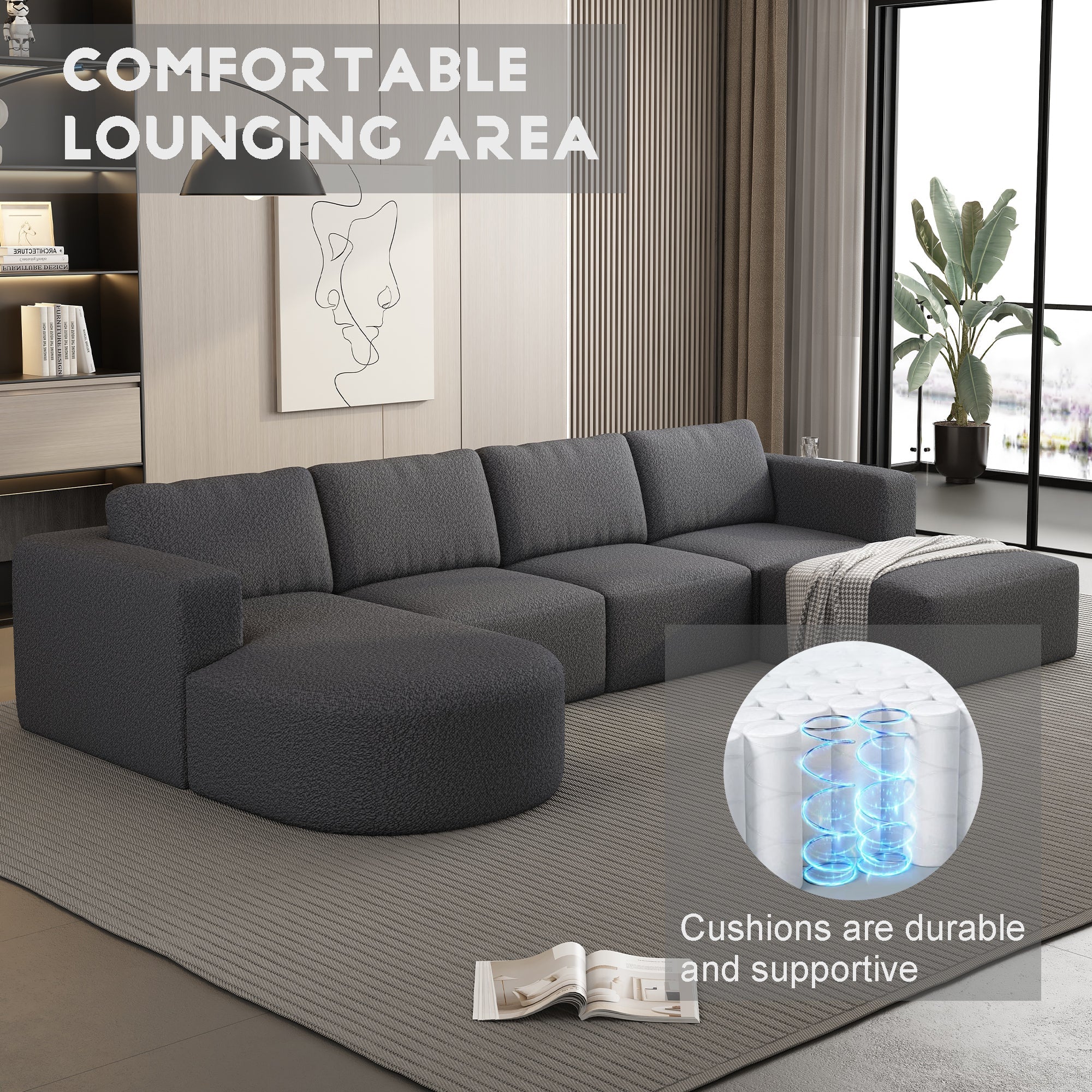 104.32*70.86 Modular Sectional Sofa Sleeper Couch, Sectional Sofa with Chaise and Ottoman, Convertible U Shaped Modular Sofa Set. Compressed sponge, Dark Grey (Combo A+B+C+D)