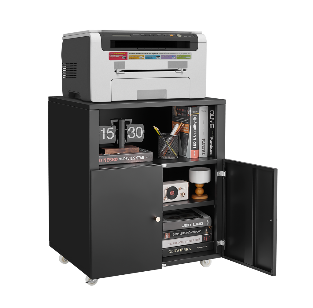 Home Office Printer Stand with Wheels, Printer Tables with File door  Mobile Lateral Filing Cabinet with Open Storage Shelf for Letter/Legal/A4 Size Files,