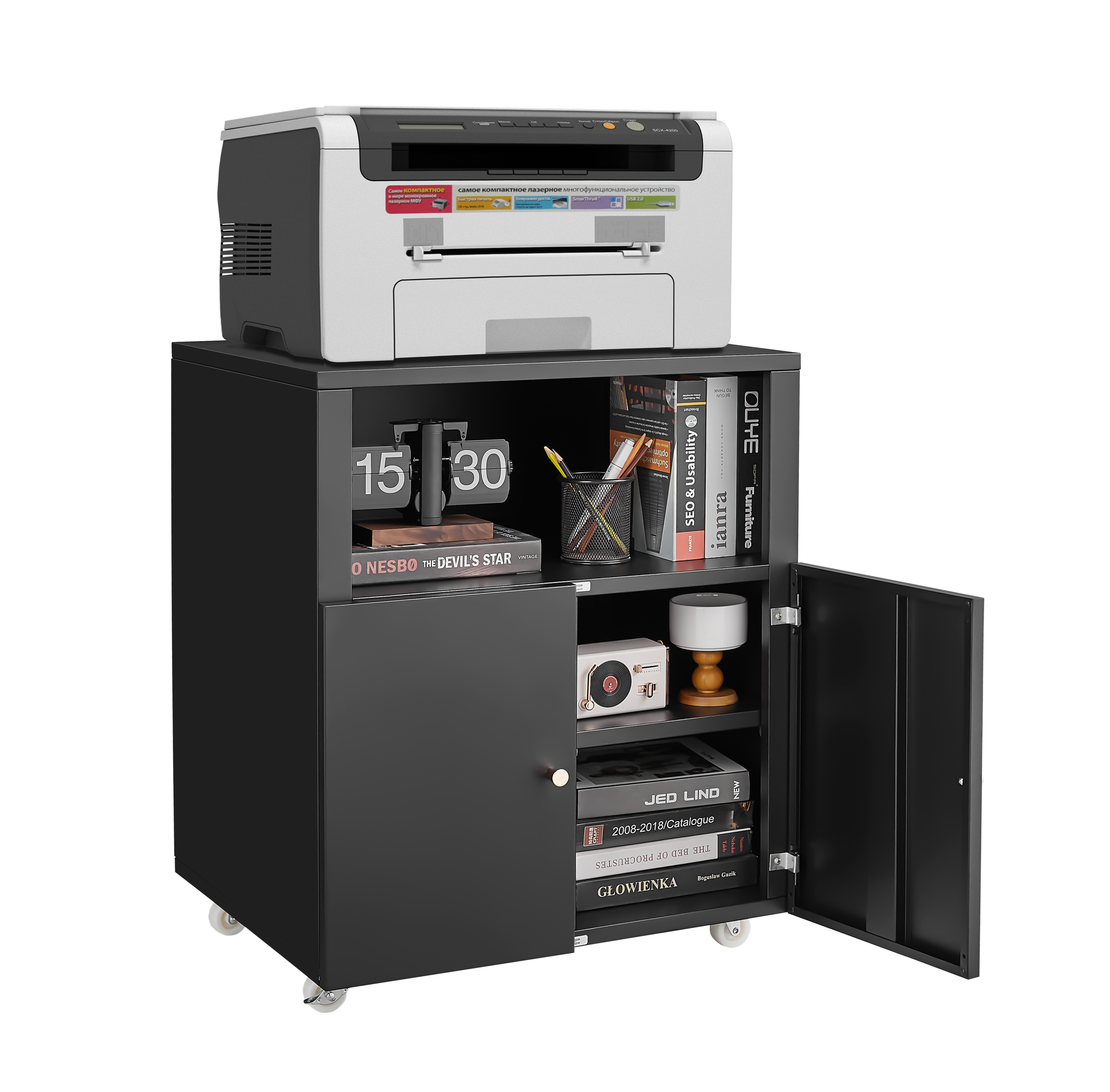 Home Office Printer Stand with Wheels, Printer Tables with File door  Mobile Lateral Filing Cabinet with Open Storage Shelf for Letter/Legal/A4 Size Files,