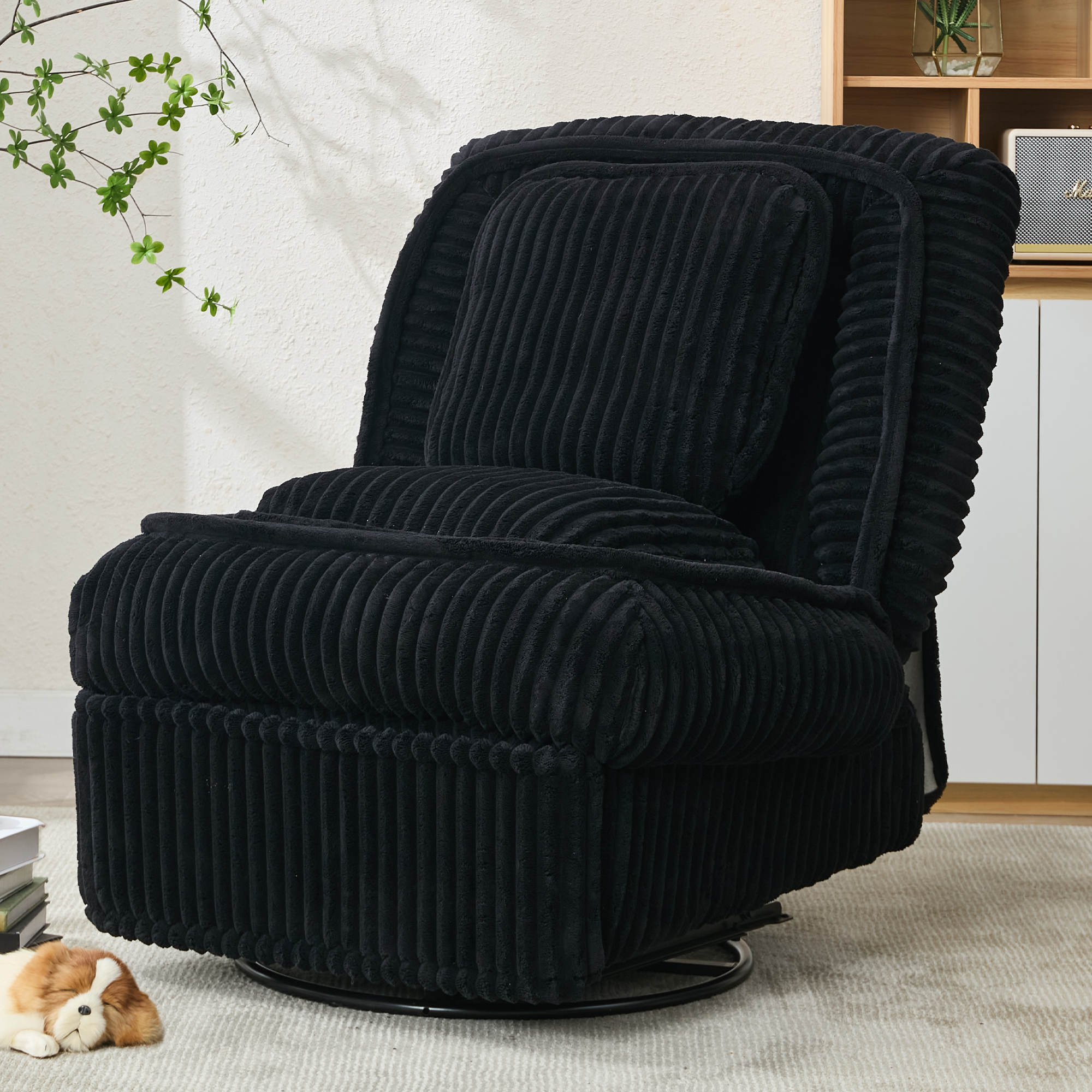 [NEW ARRIVED] 360° Swivel Rocking Single Sofa,Recliner Sofa, Manual Glider Rocking Armless Chair,Living Room Office, With Adjustable Backrest and Footrest and pillows, Small Spaces,Corduroy , Black
