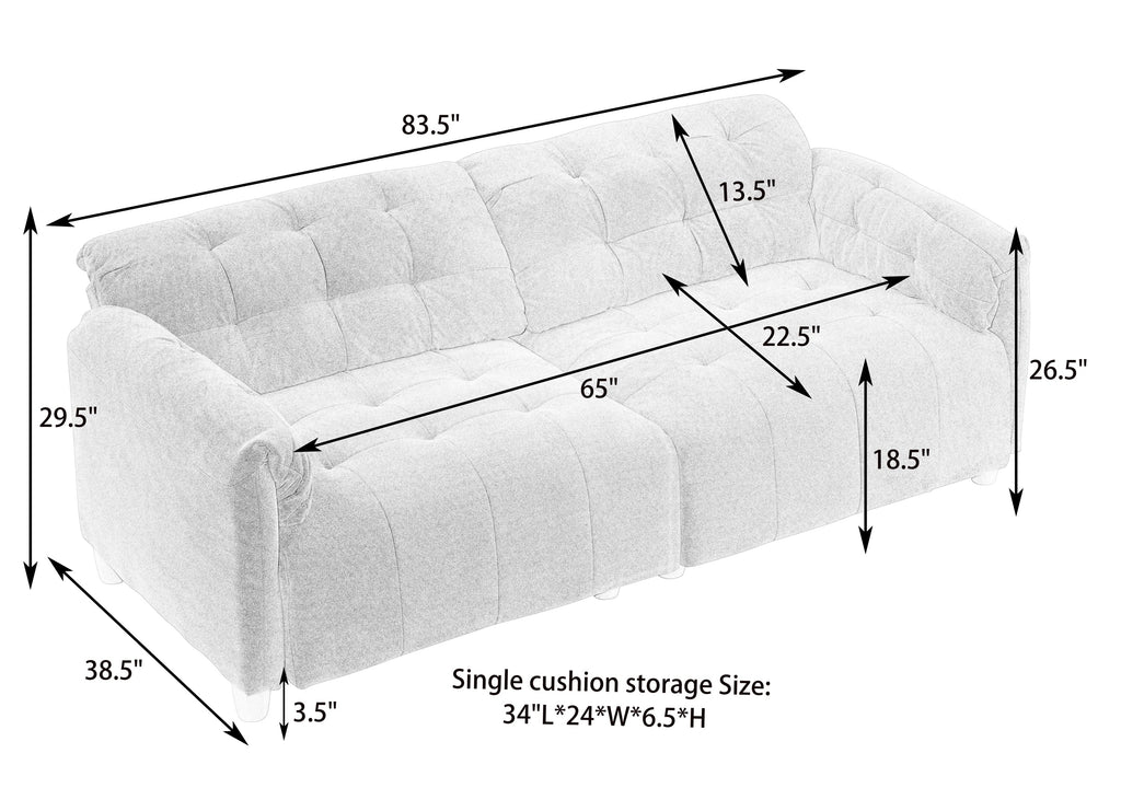 French retro cloud fabric double-seat creamy style straight-line sofa for the living room.