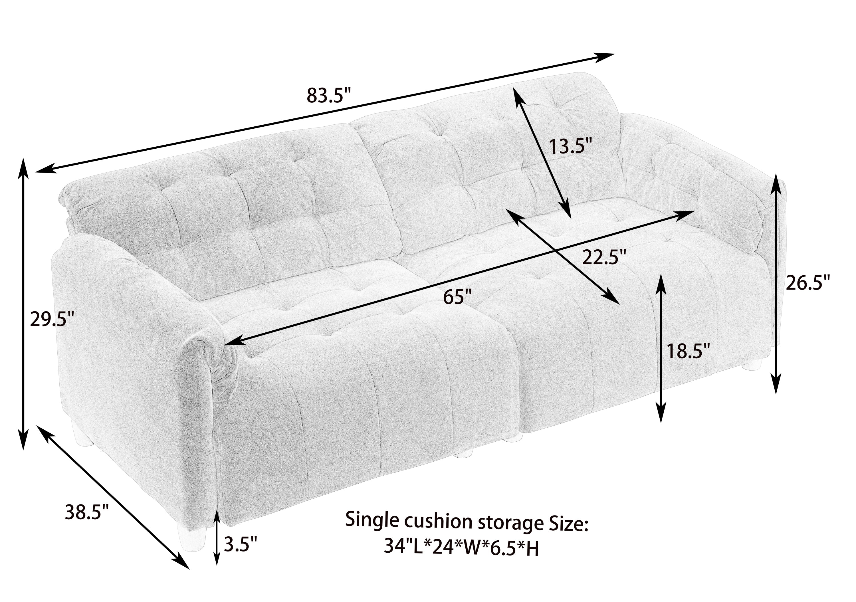 French retro cloud fabric double-seat creamy style straight-line sofa for the living room.