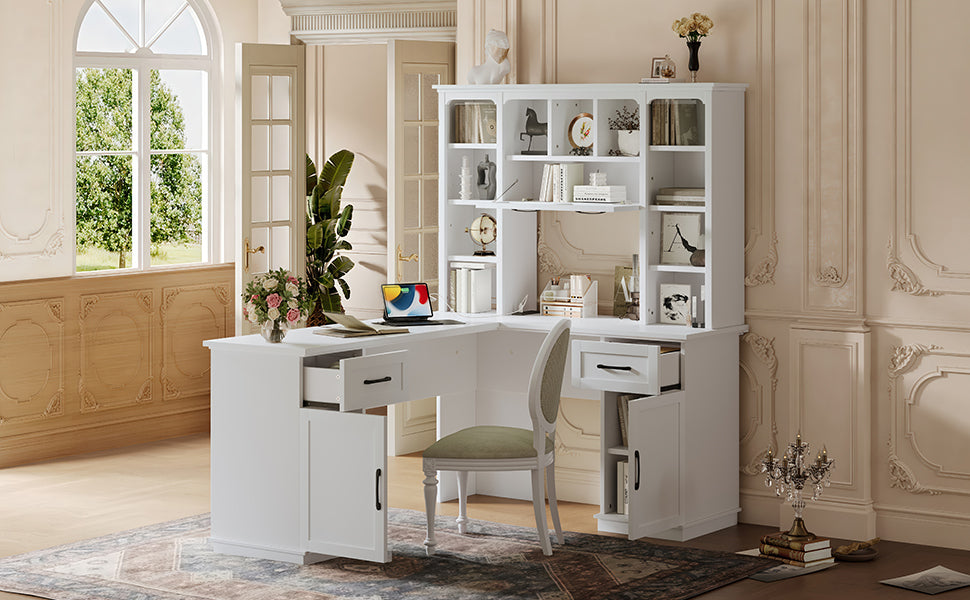 L-Shaped Computer Desk with 2 Cabinets and 2 Drawers, 11 Open Shelves , with Electrical Outlet, for Study, Living Room and Office, White