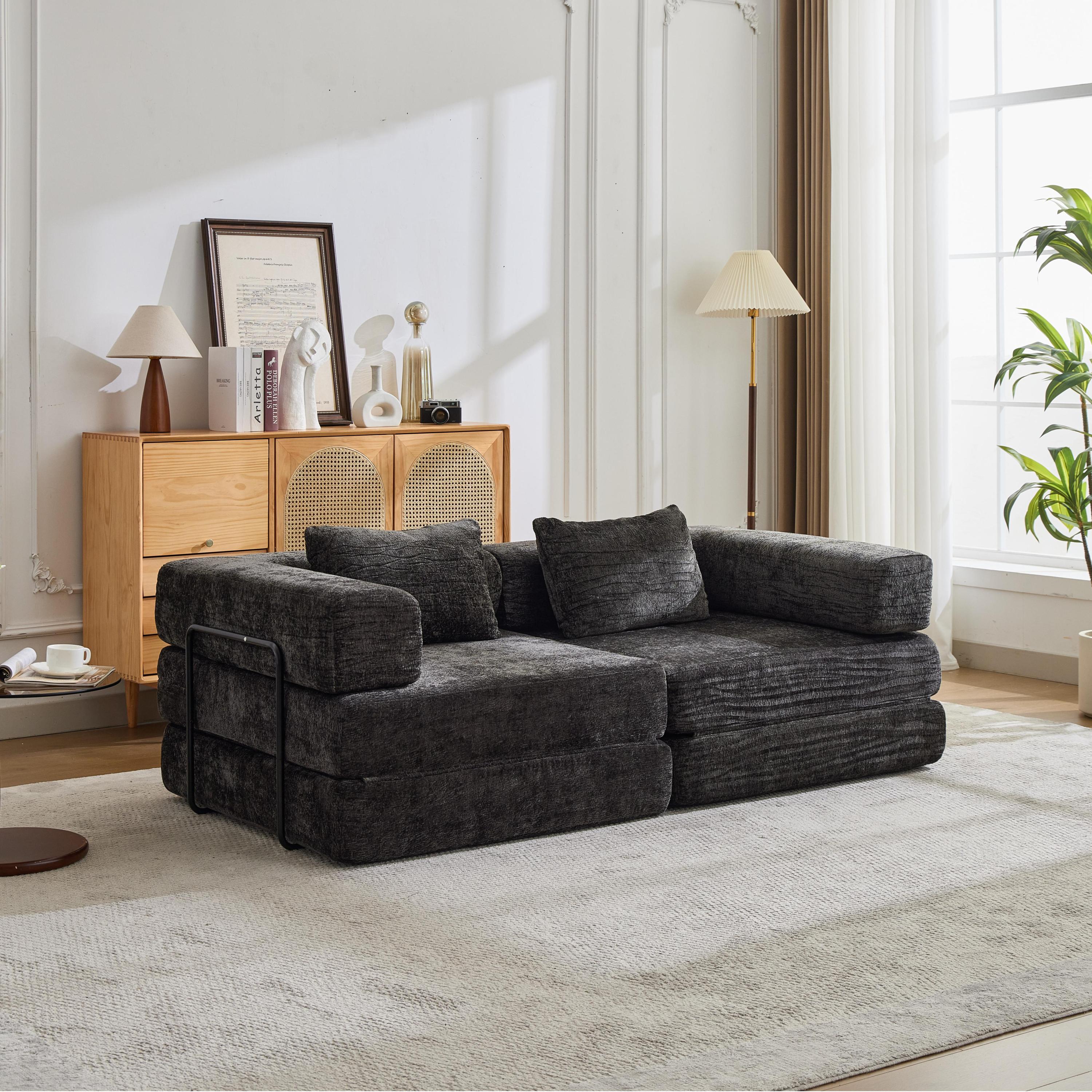 Compression Sofa,Convertible Floor Sofa Bed with Fixed-Shape Frame, Loveseats Boneless Modular Sectional Sofa,No Assembly Required,Chenille fabric,for Living Room Bedroom,Black