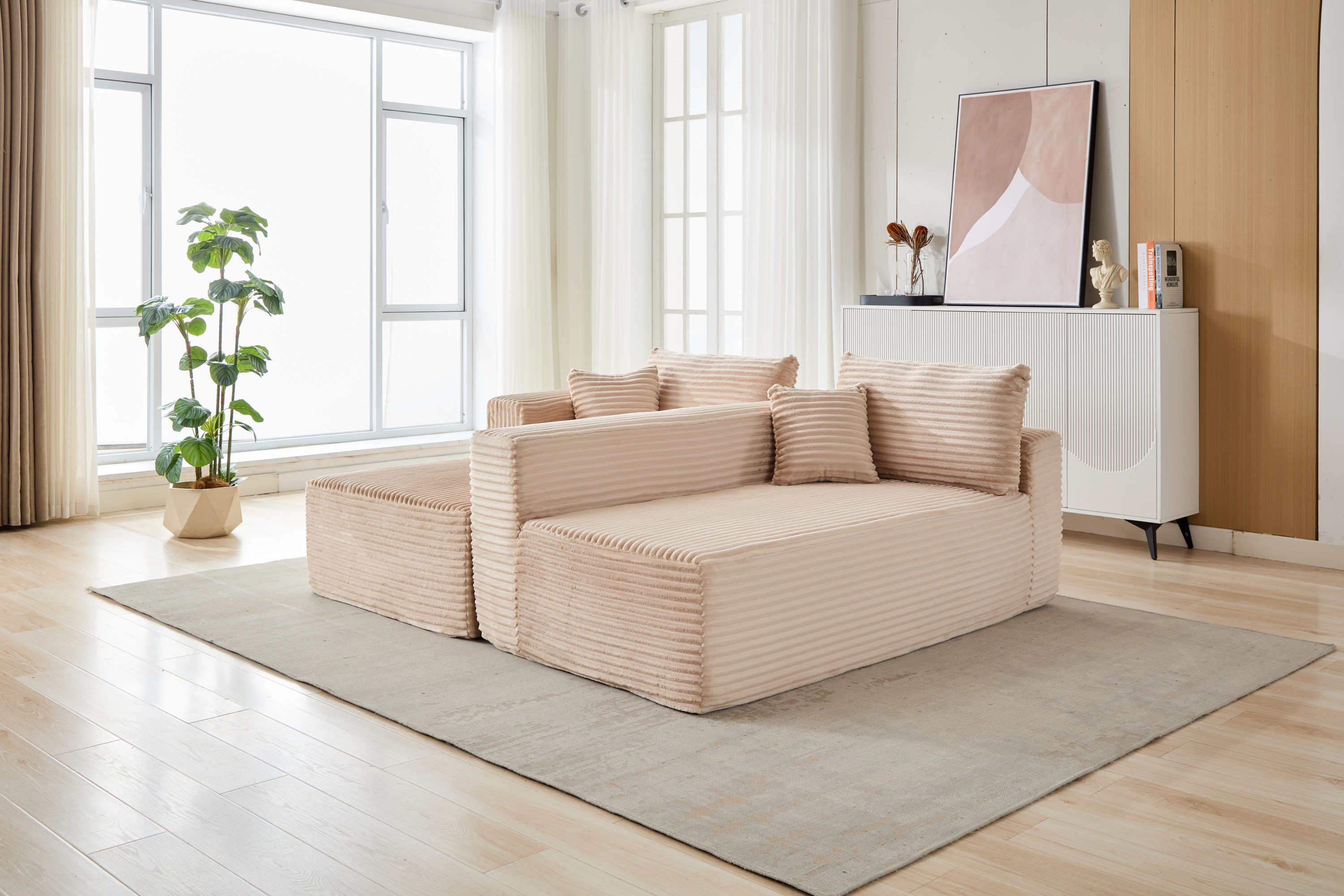 Compression Sectional Couch with Comfy Chaise, Boneless L Shape Sofa with Deep Seat, Minimalist Modular Couches Sleeper for Living Room Bedroom Apartment Lounge,corduroy,Beige