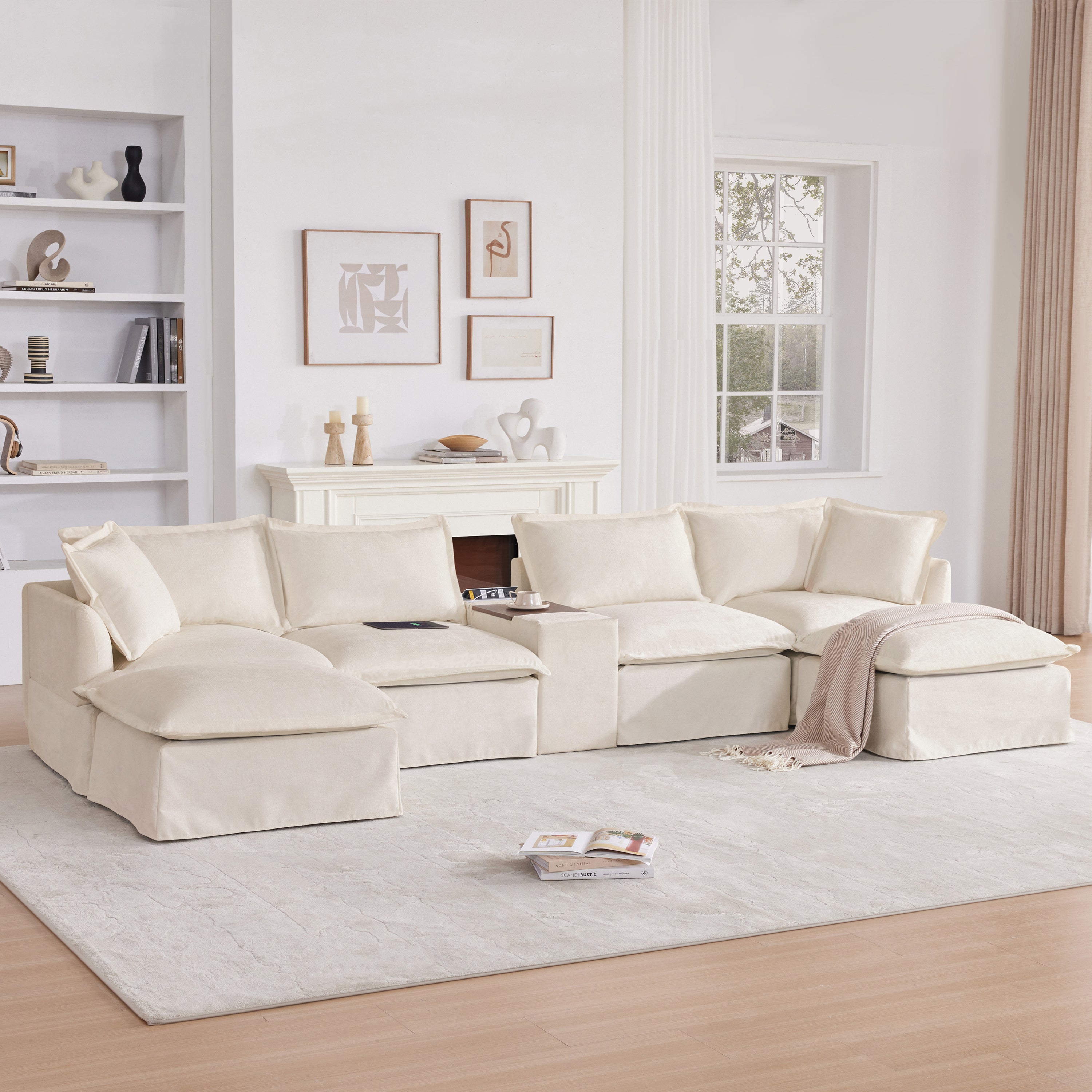 [VIDEO+NEW]131'' Modular Sectional Sofa with Movable Ottoman and Console,Cup Holder,Wide Seat,6 Seat U Shaped Couch,Oversized Chenille Sofa with USB Charger for Living Room,Apartment,2 Colors