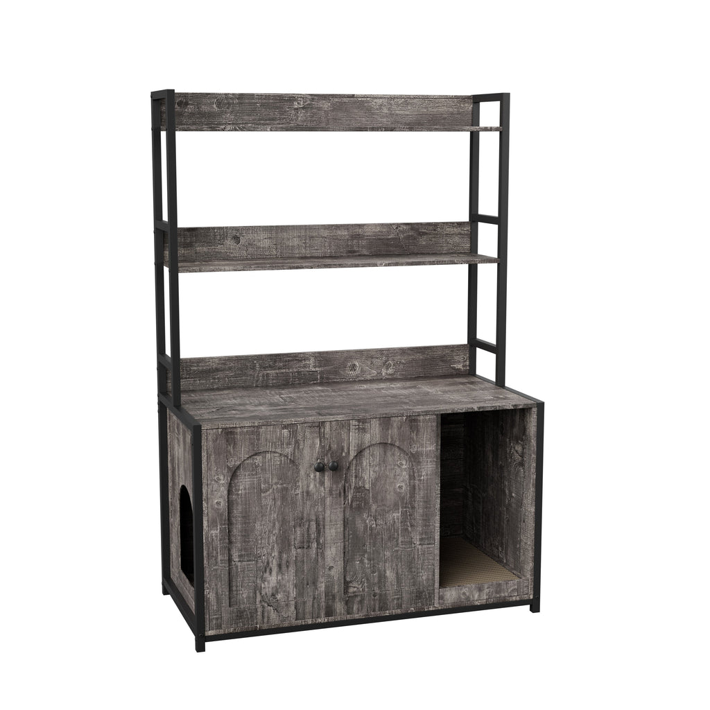 Large Cat Litter Box Enclosure With Shelf Storage, Hidden Cat Washroom Furniture, Wooden Cat House With Scratch Pad, Sturdy Indoor Cat Cabinet With 2 Doors(Grey)