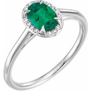 14K White Gold 7x5 mm Lab-Grown Emerald & .03 CTW Natural Diamond Ring