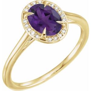 14K Yellow Gold 8x6 mm Natural Amethyst & .04 CTW Natural Diamond Ring