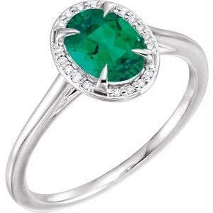 14K White Gold 8x6 mm Lab-Grown Emerald & .04 CTW Natural Diamond Ring