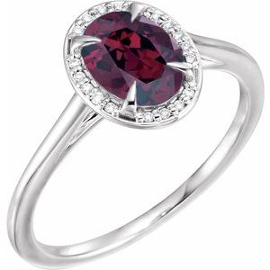 14K White Gold 8x6 mm Natural Rhodolite Garnet & .04 CTW Natural Diamond Ring