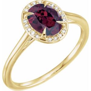 14K Yellow Gold 8x6 mm Natural Rhodolite Garnet & .04 CTW Natural Diamond Ring
