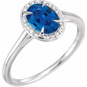 14K White Gold 8x6 mm Lab-Grown Blue Sapphire & .04 CTW Natural Diamond Ring