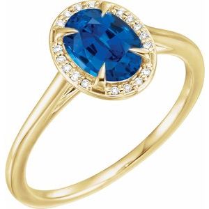 14K Yellow Gold 8x6 mm Lab-Grown Blue Sapphire & .04 CTW Natural Diamond Ring