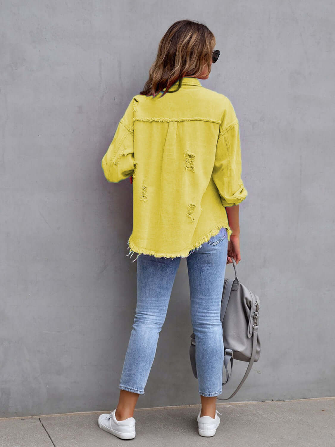 Distressed Drop Shoulder Fringe Denim Jacket Cotton Blend