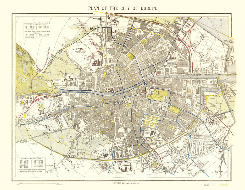 Vintage Map of Dublin, Ireland 1883