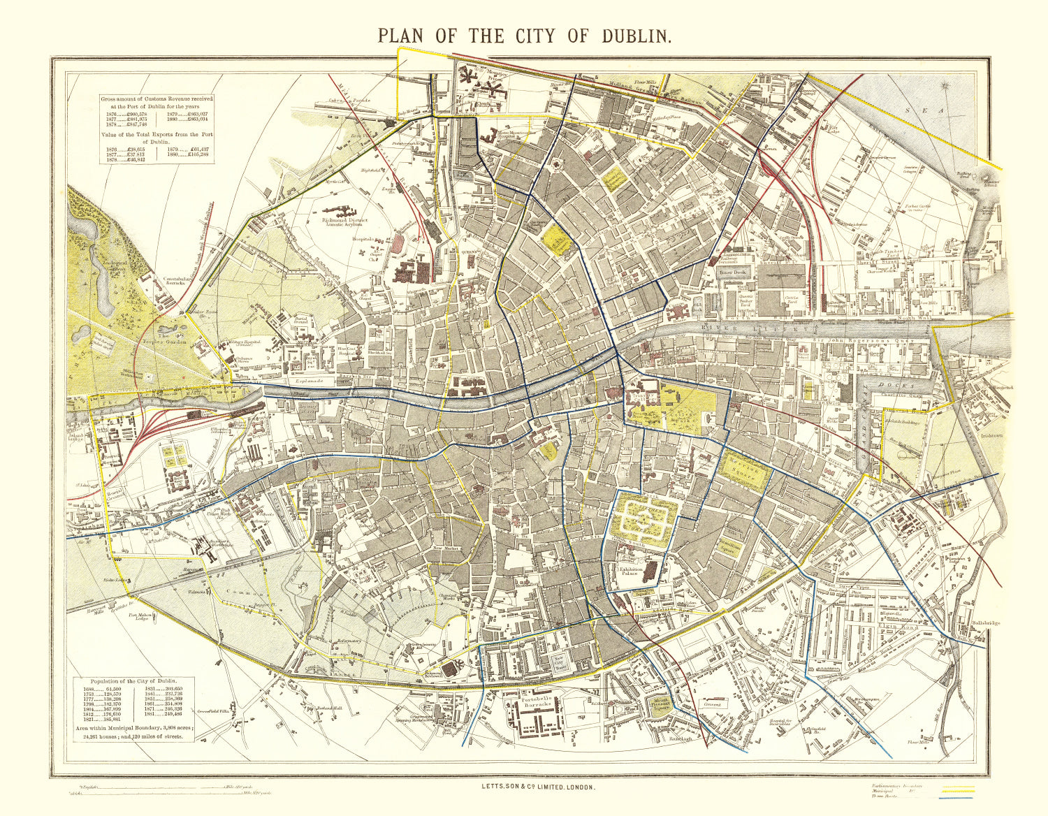Vintage Map of Dublin, Ireland 1883