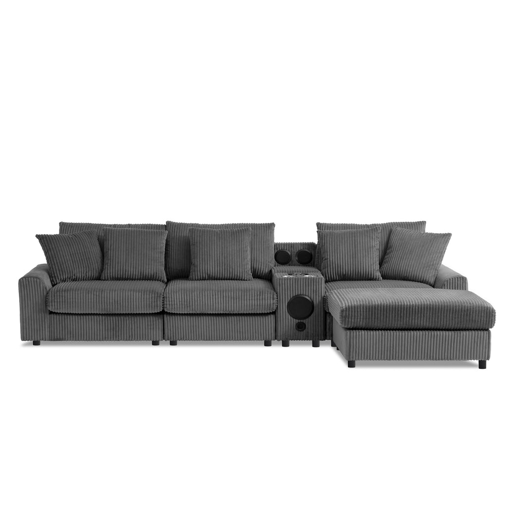 Modular Corduroy Sectional Sofa with Bluetooth Speakers, USB Charger, Cup Holders, Storage, and Ottoman in Dark Gray