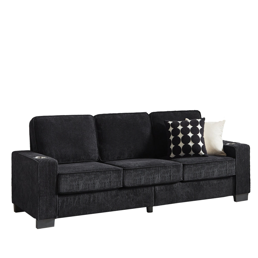 Modern Corduroy Fabric Sofa, 3-Seater Compressed Couch with Cup Holders, Black, 84.25'