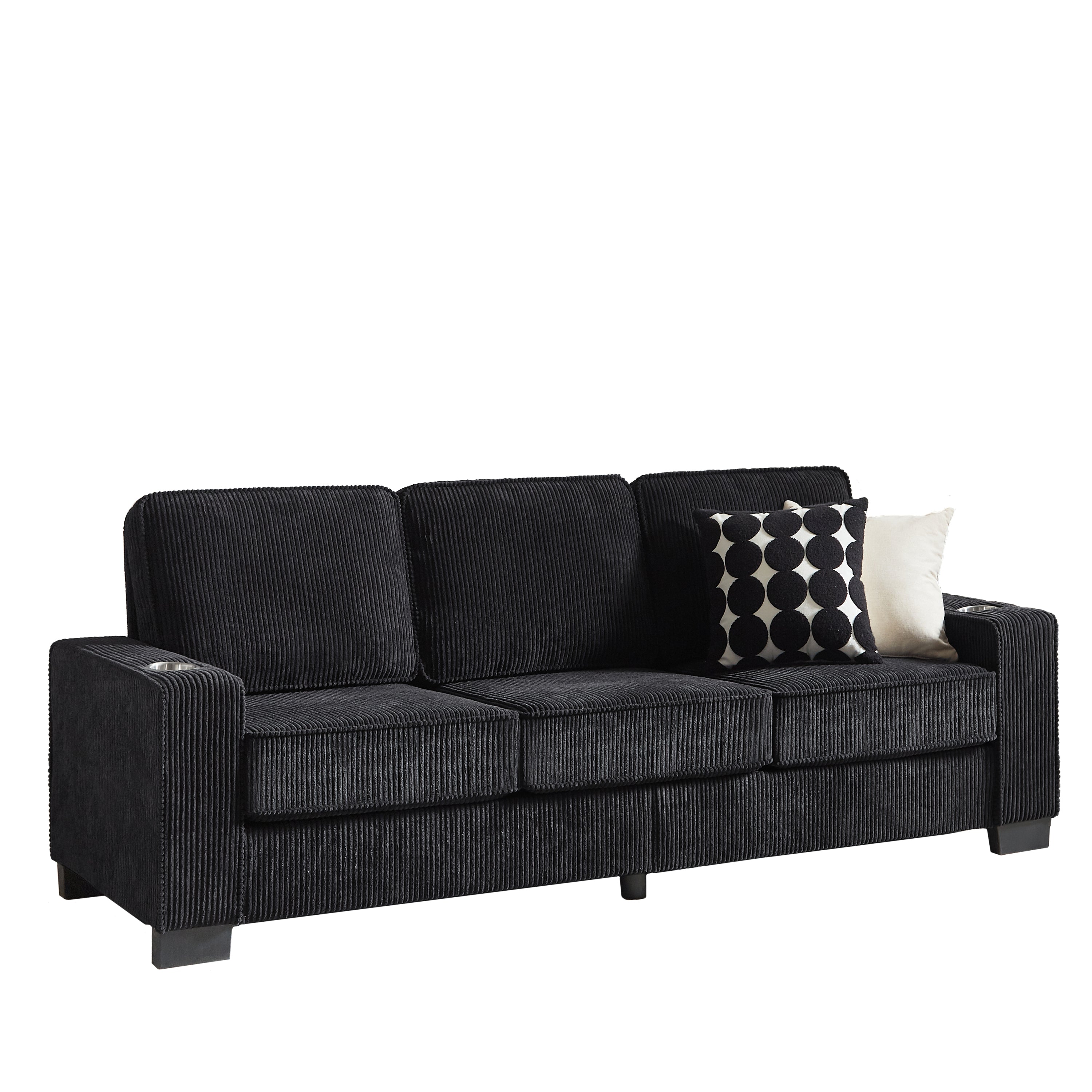 Modern Corduroy Fabric Sofa, 3-Seater Compressed Couch with Cup Holders, Black, 84.25'