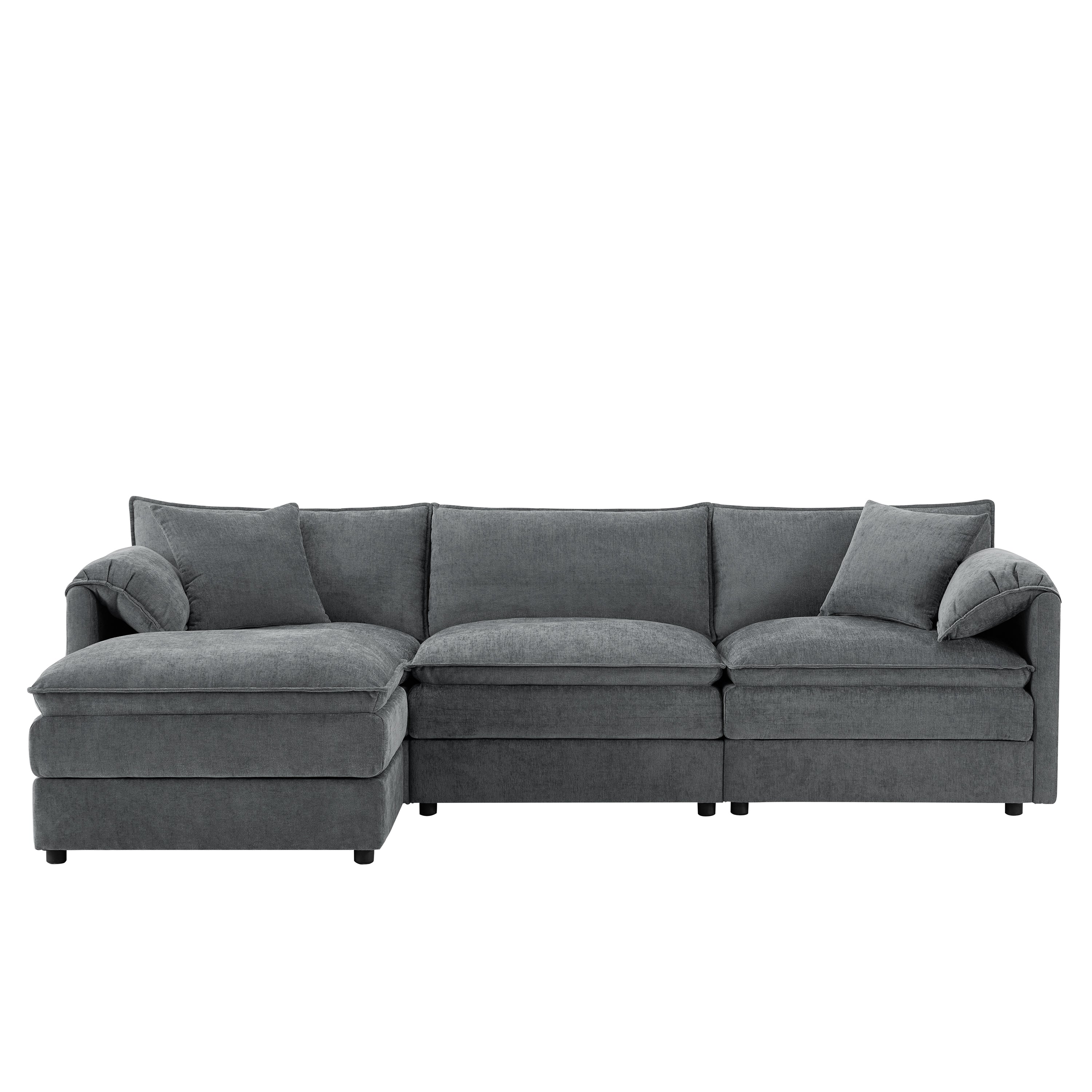 Chenille Modular Sectional Sofa with Deep and Wide Seat in Dark Gray, L Shaped Cloud Couch Set with Double Cushions, 4 Seat Sofa with Movable Ottoman