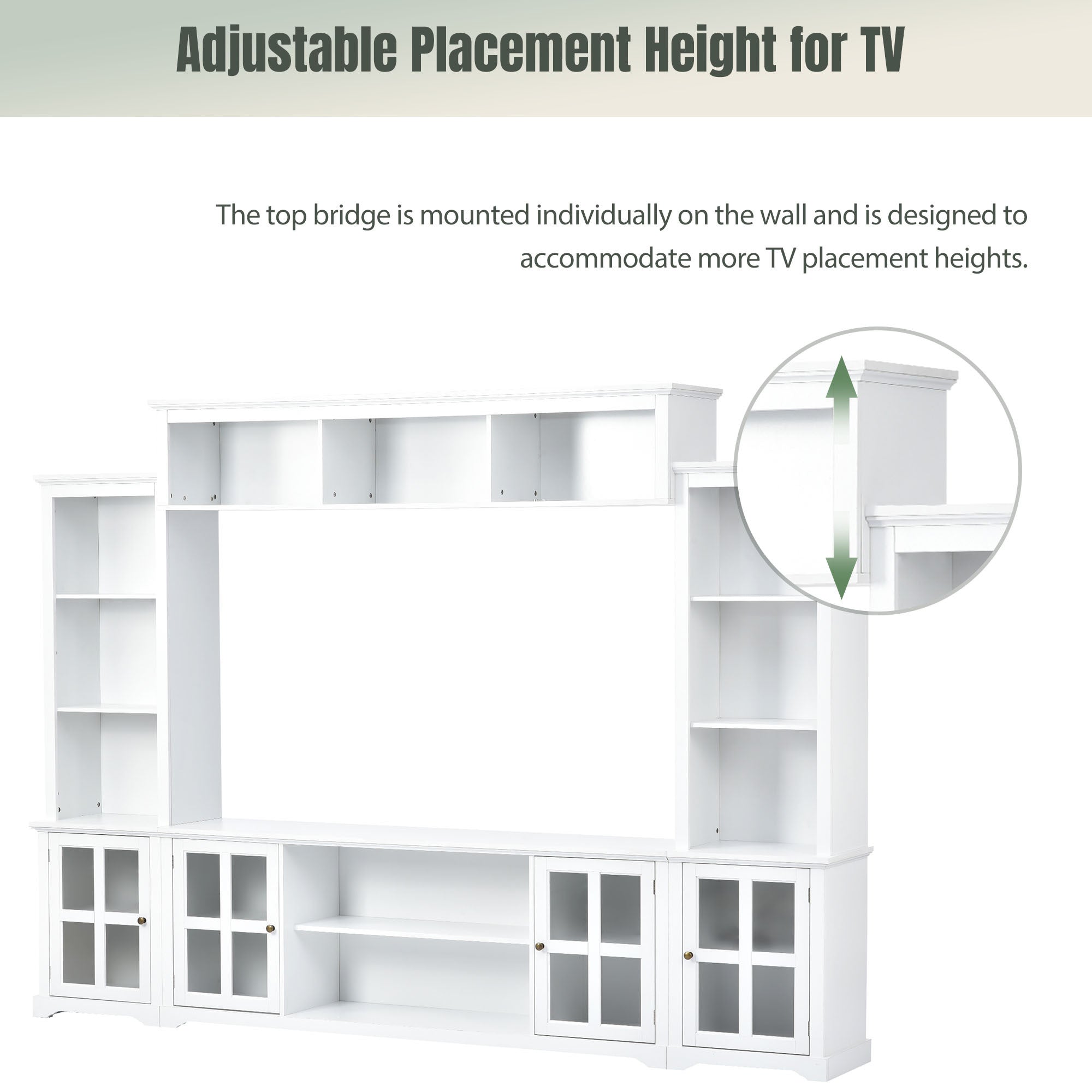 [VIDEO provided] ON-TREND Minimalism Entertainment Wall Unit with Bridge, Modern TV Console Table for TVs Up to 70', Multifunctional TV Stand with Tempered Glass Door, White (Old SKU: SD000009AAK)