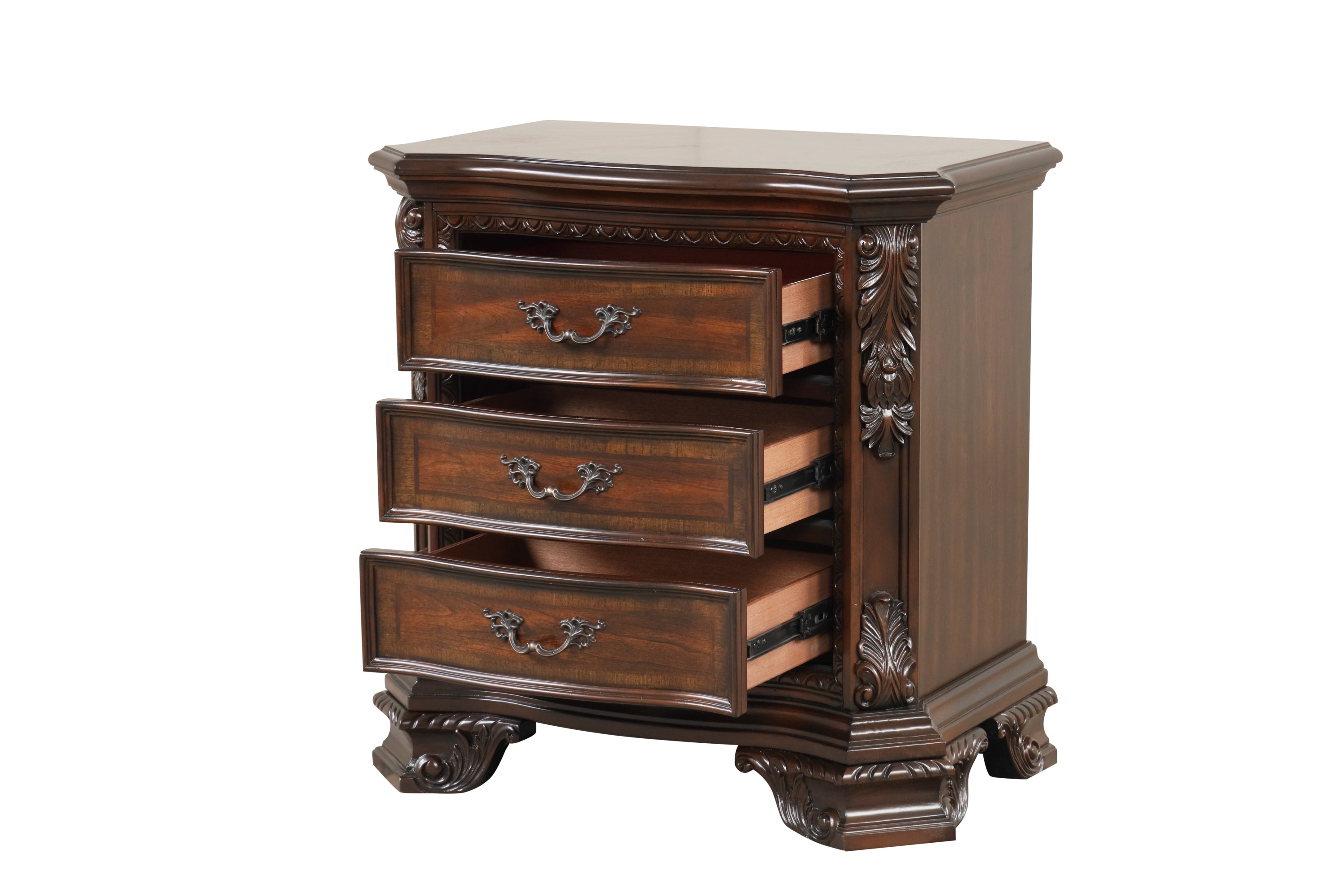 Traditional Style 4 Pc Queen Bedroom Set With Intricate Wood Carvings Made with Wood in Walnut