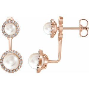 14K Rose Gold Cultured White Freshwater Pearl & 1/5 CTW Natural Diamond Halo-Style Earrings
