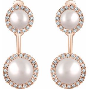 14K Rose Gold Cultured White Freshwater Pearl & 1/5 CTW Natural Diamond Halo-Style Earrings