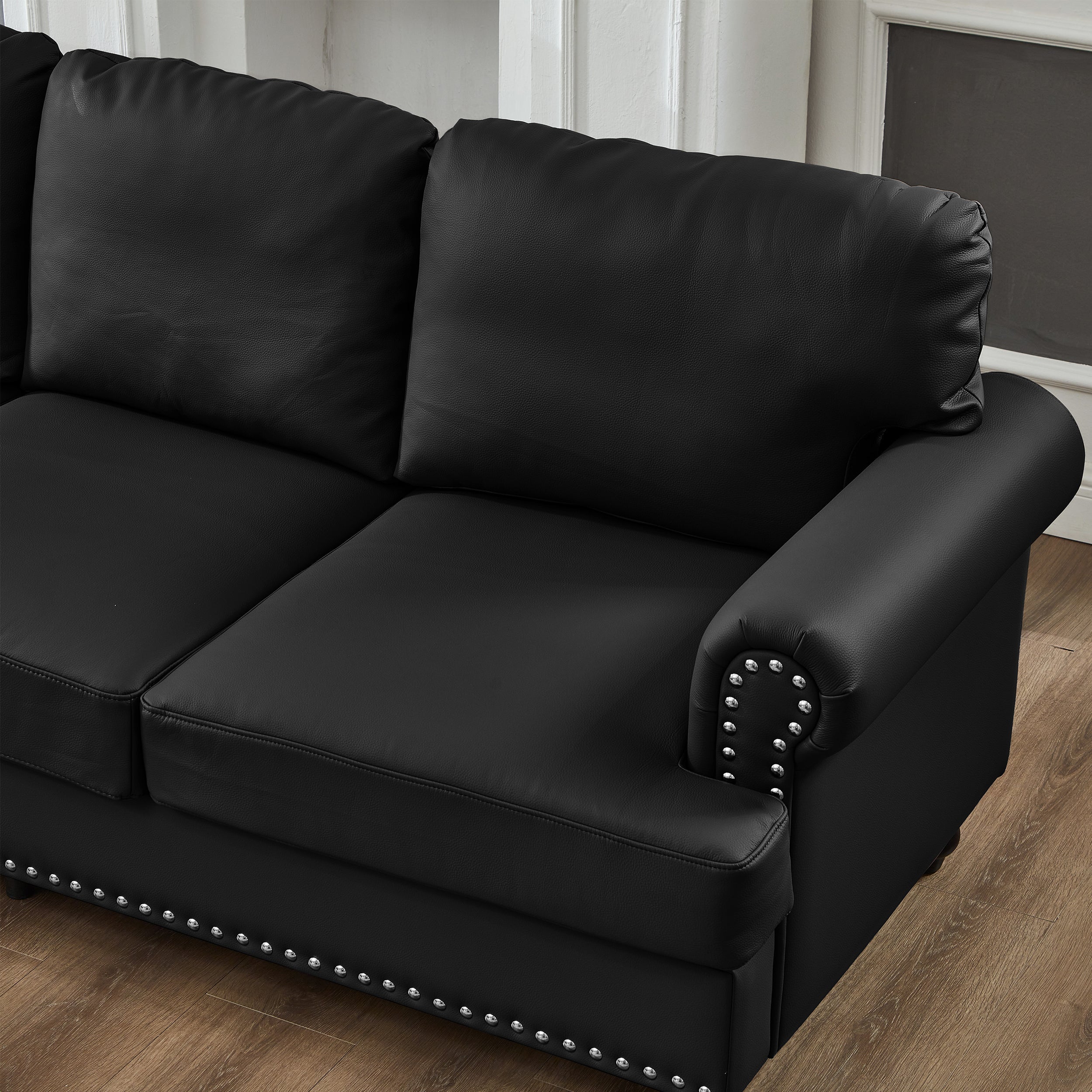 Modern Classic Design with Nails Living Room 2+3 seater Loveseat & Sofa Leather Couch,Upholstered Imitation Cowhide Leather Black