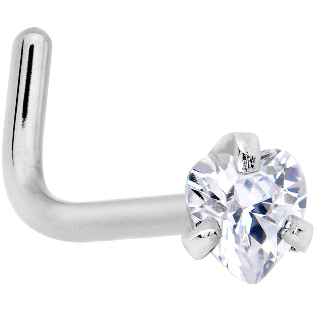20G Clear 3mm CZ Heart Gem Grade 23 Titanium L Shaped Nose Ring