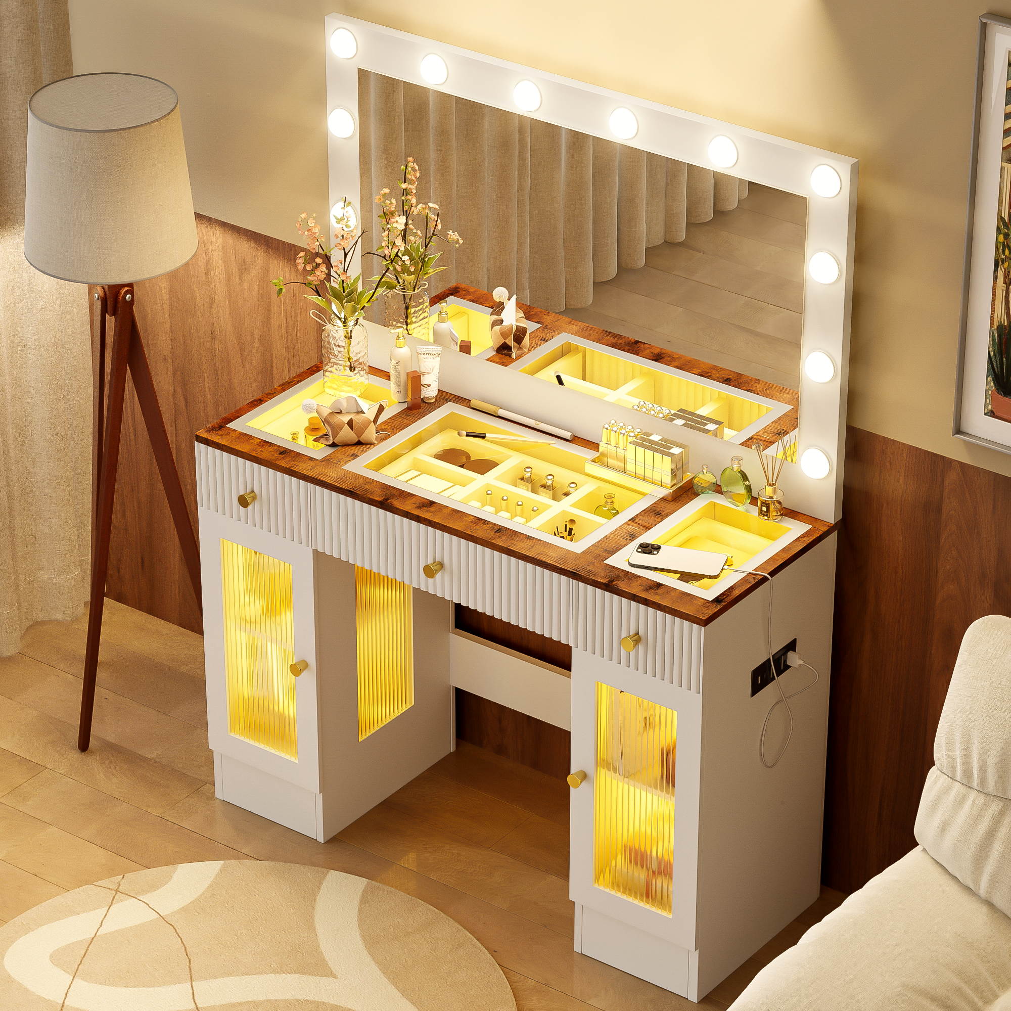 43.3' Vanity Desk with Large Mirror and Hollywood Bulbs, Modern Glass Top Makeup Vanity with Drawers and Power Outlet, Large Dressing Table with 3 Color Lighting Modes & RGB Cabinets for Bedroom