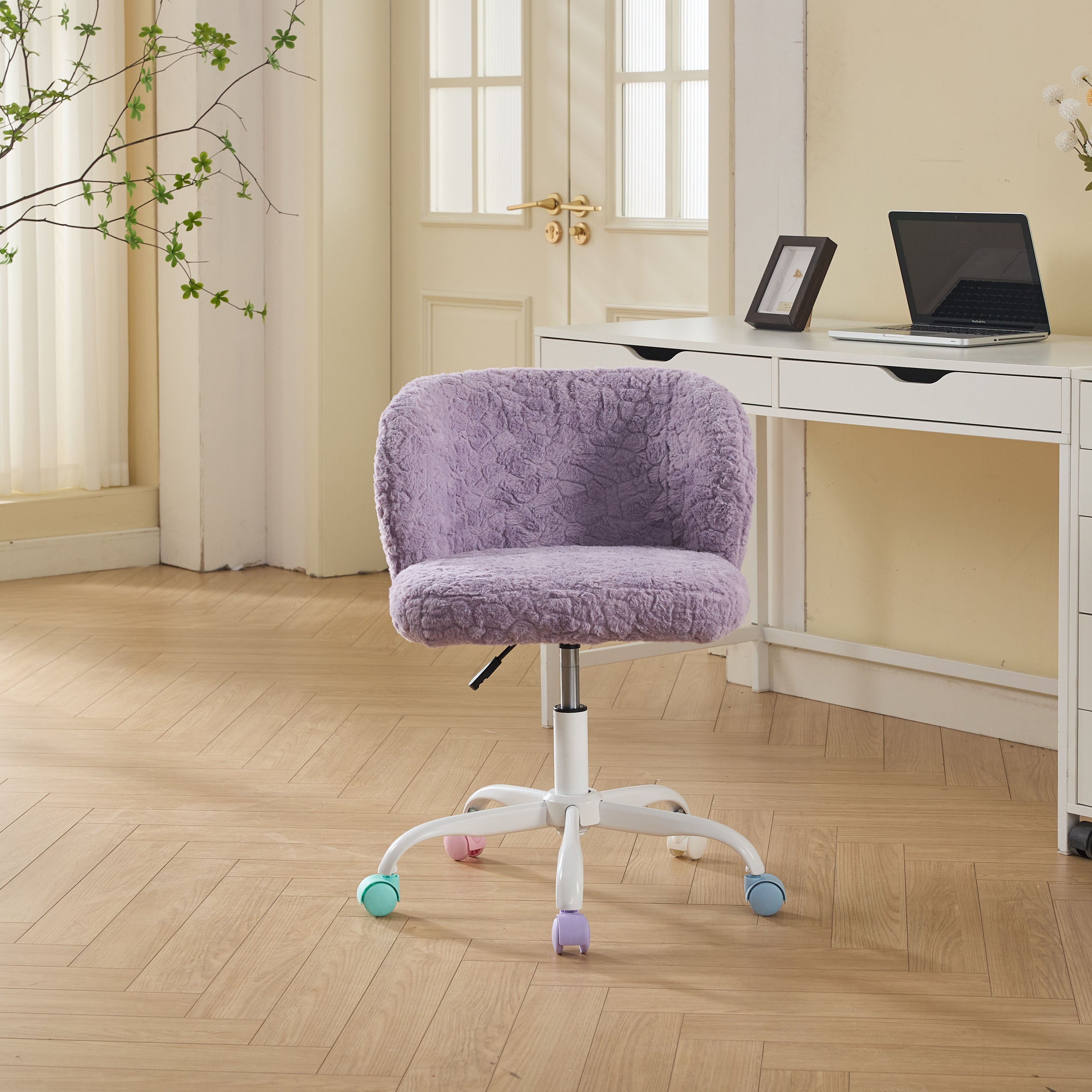 A&A Furniture Office Chair,Artificial rabbit hair Home Office Chair with Metal Base,Adjustable Desk Chair Swivel Office Chair,Vanity Chair(Violet)