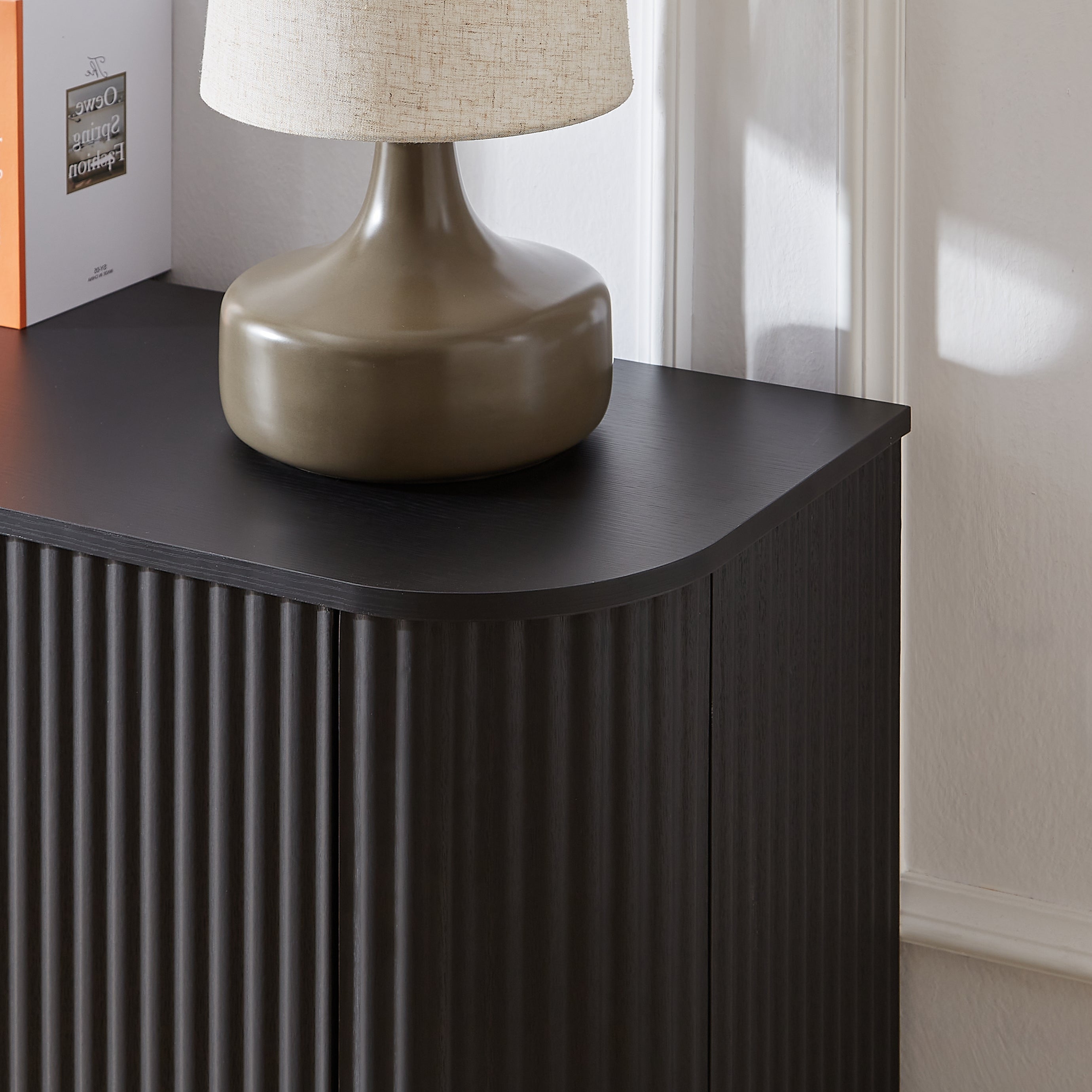 Sideboard Storage Cabinet TV Stand with wave pattern Buffet Cabinet Wooden Vertical Striped Cabinet for Kitchen/Bedroom/Entryway. Black, 64''W x 15''D x 24''H.