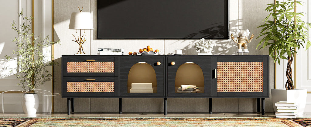 Rattan TV Stand with 3 Cabinets & 2 Drawers, Rattan-inspired Media Console Table for TVs up to 80'', LED Light Entertainment Center, TV cabinet for Living room, Bedroom, Home Theatre