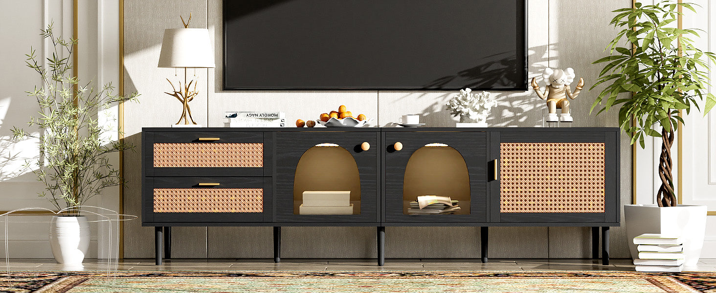 Rattan TV Stand with 3 Cabinets & 2 Drawers, Rattan-inspired Media Console Table for TVs up to 80'', LED Light Entertainment Center, TV cabinet for Living room, Bedroom, Home Theatre