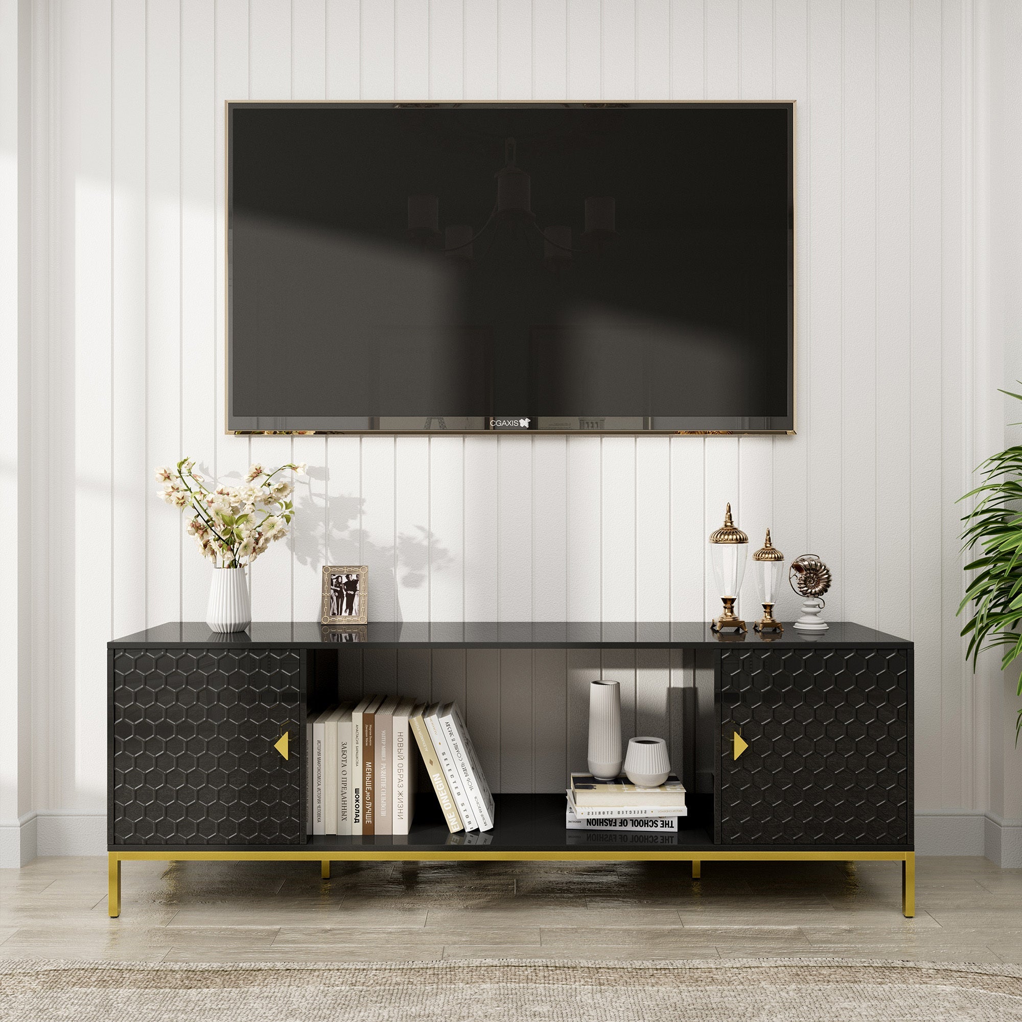 70 Inch TV Stand, Heavy Duty Wood Media Entertainment Center Console with Cabinet Storage & Open Shelves for Living Room, Modern Design (Black)