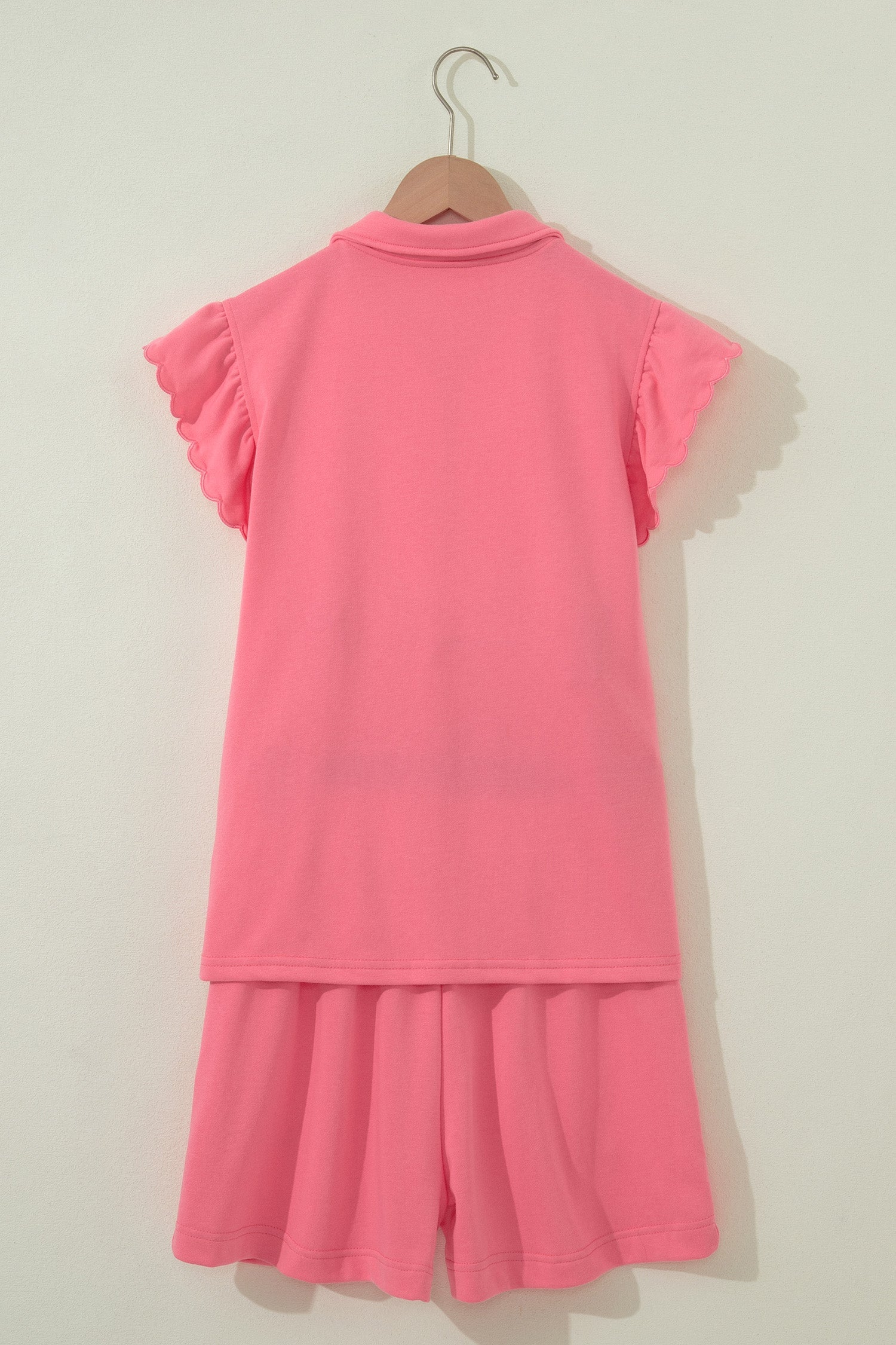 Solid Scalloped Ruffle Half Zip Top & Short Set