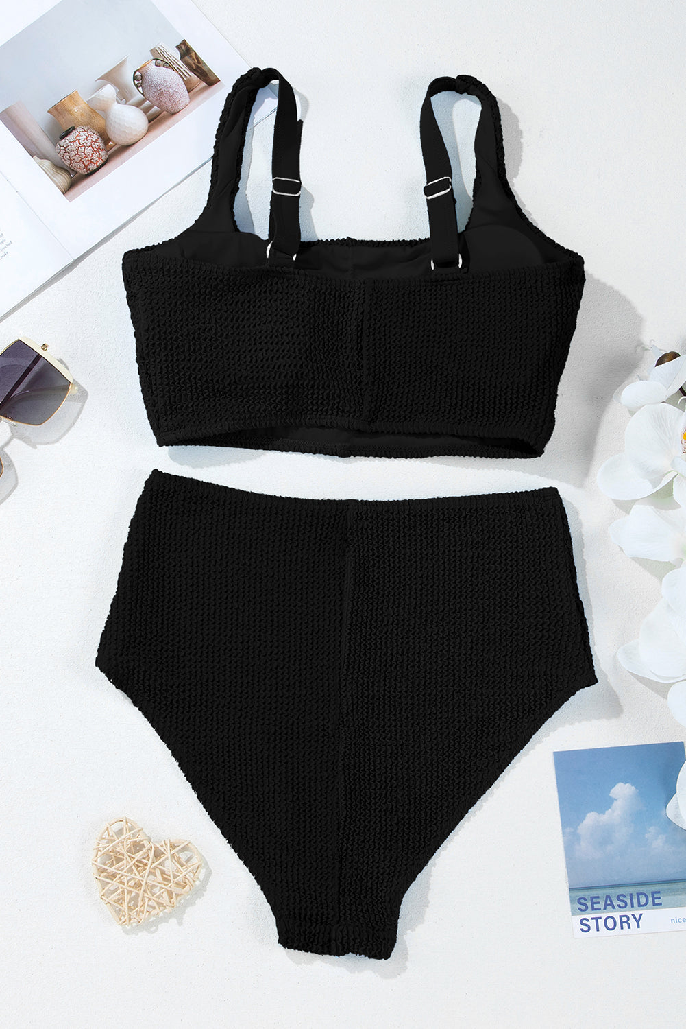 Colorblock Corded Top & High Waist Bikini Set