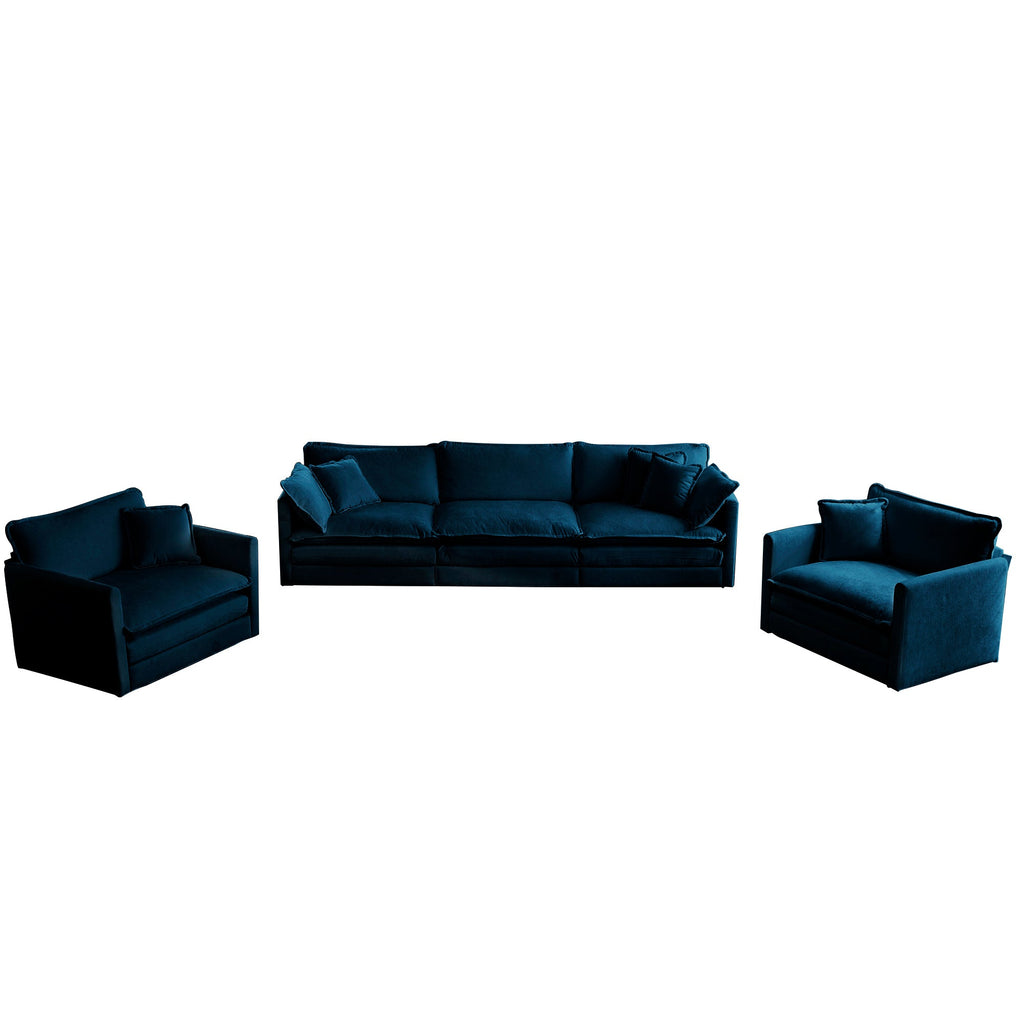 Sofa Set of 3, 1+1+3 Seats Living Room Sofa Set, Accent Chair, Loveseat, and Three-Seat Sofa Modern Style Round Arms 3 Piece Sofa Set, Blue