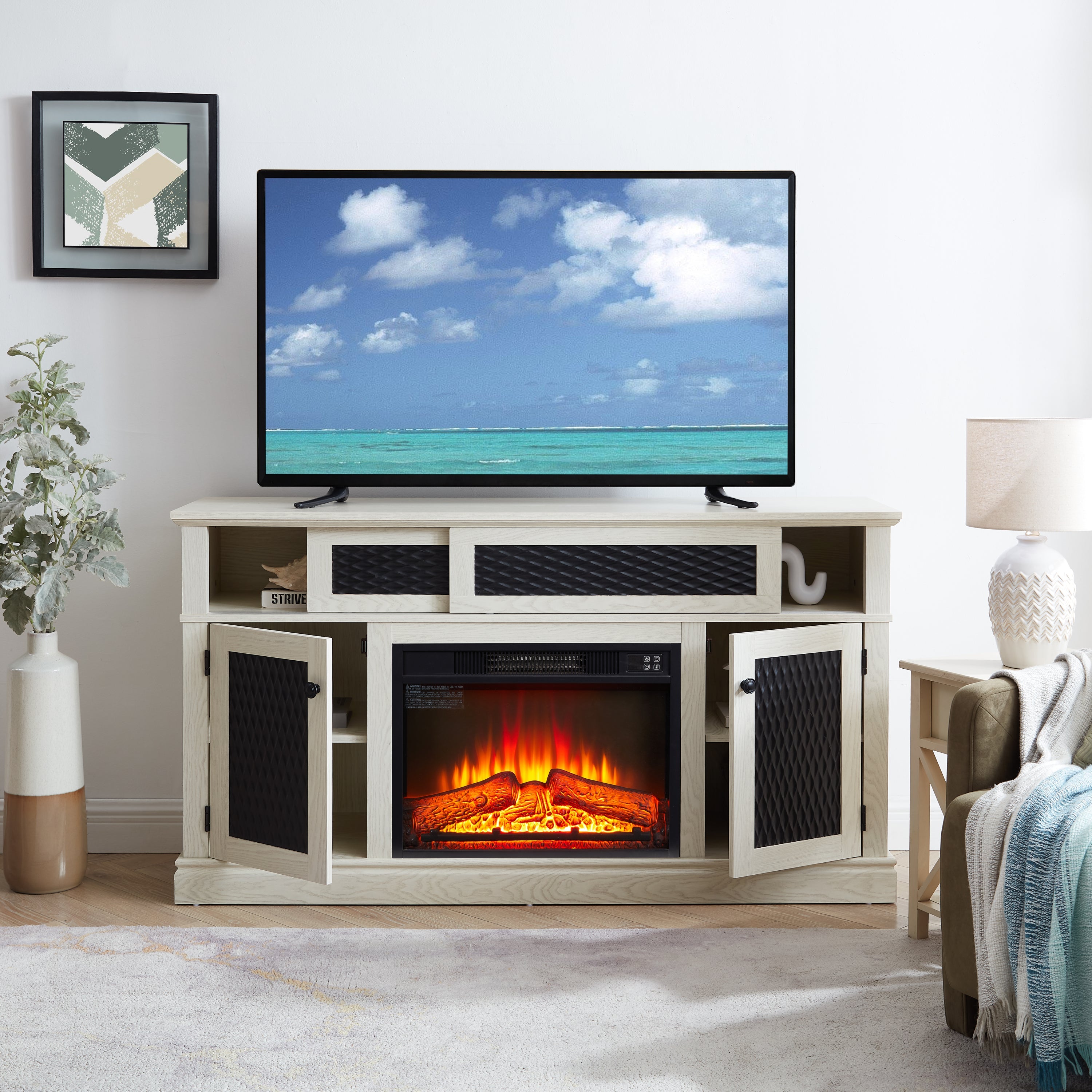 Embossed Pattern TV Stand with 23' fireplace insert,, TV and Media Console with Open and Closed Storage Space and sliding door for Living Room & Bedroom,White, 58.27'W*15.35'W*31.7H